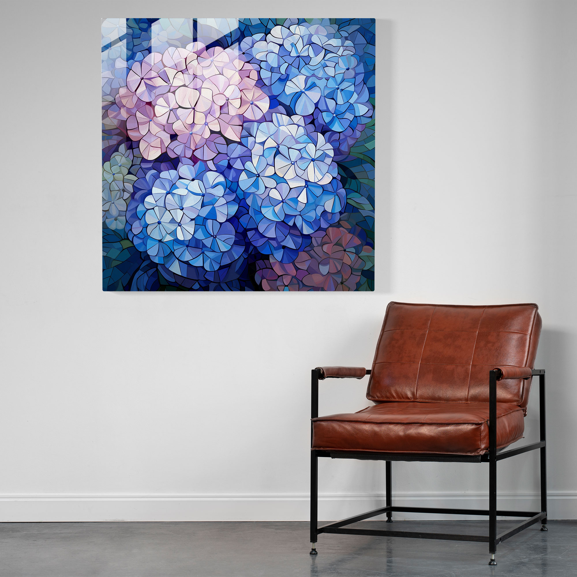 Hydrangea Mosaic Glass Print - Hydrangea, Hydrangea, Pixelated Composition, Glass Wall Art