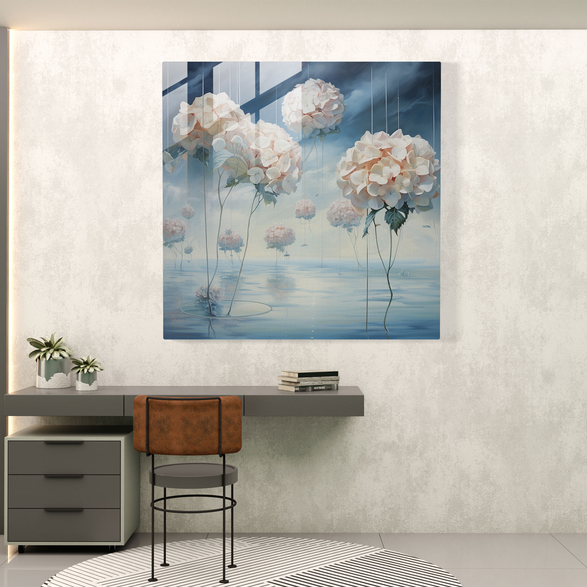 Hydrangea Surrealist Glass Print - Hydrangea, Glass Wall Art, Floating Flowers, Surrealist Painting