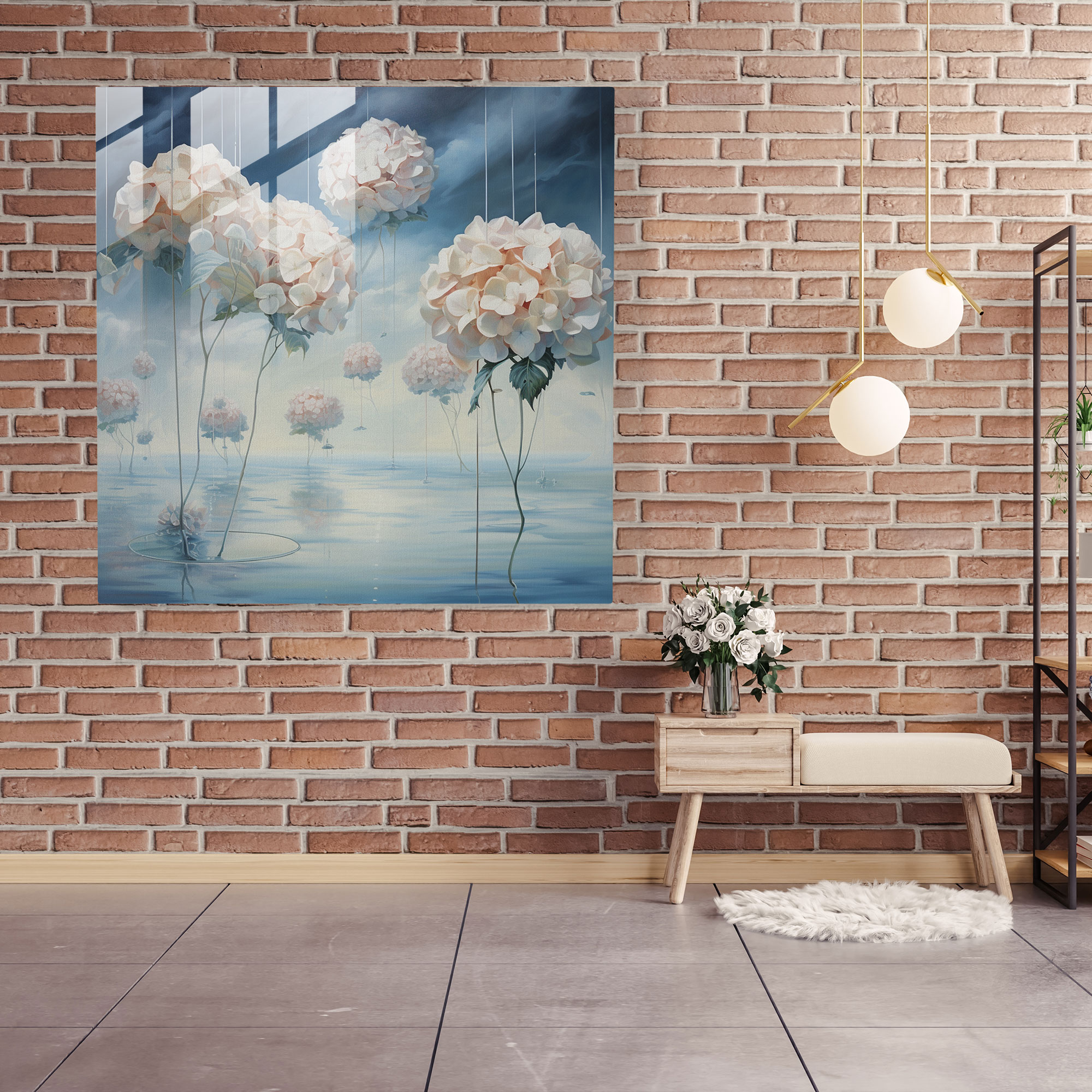 Hydrangea Surrealist Glass Print - Hydrangea, Glass Wall Art, Floating Flowers, Surrealist Painting