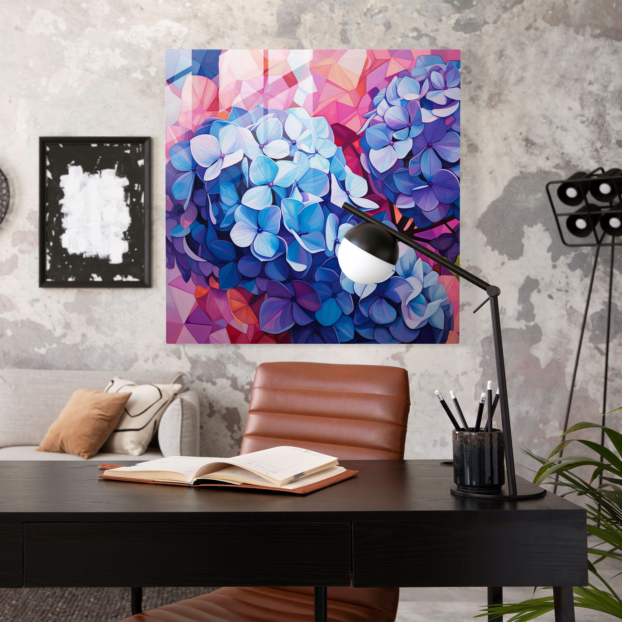 Hydrangea Geometric Glass Print - Hydrangea, Vibrant Shades, Glass Art, Home Decoration