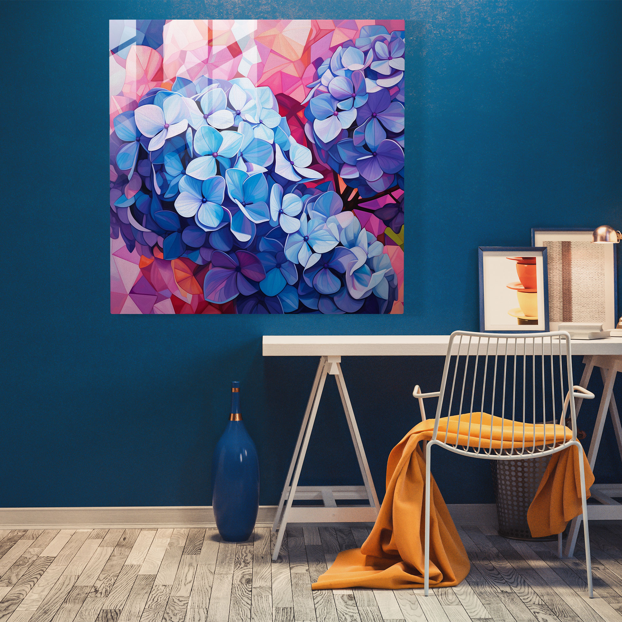 Hydrangea Geometric Glass Print - Hydrangea, Vibrant Shades, Glass Art, Home Decoration