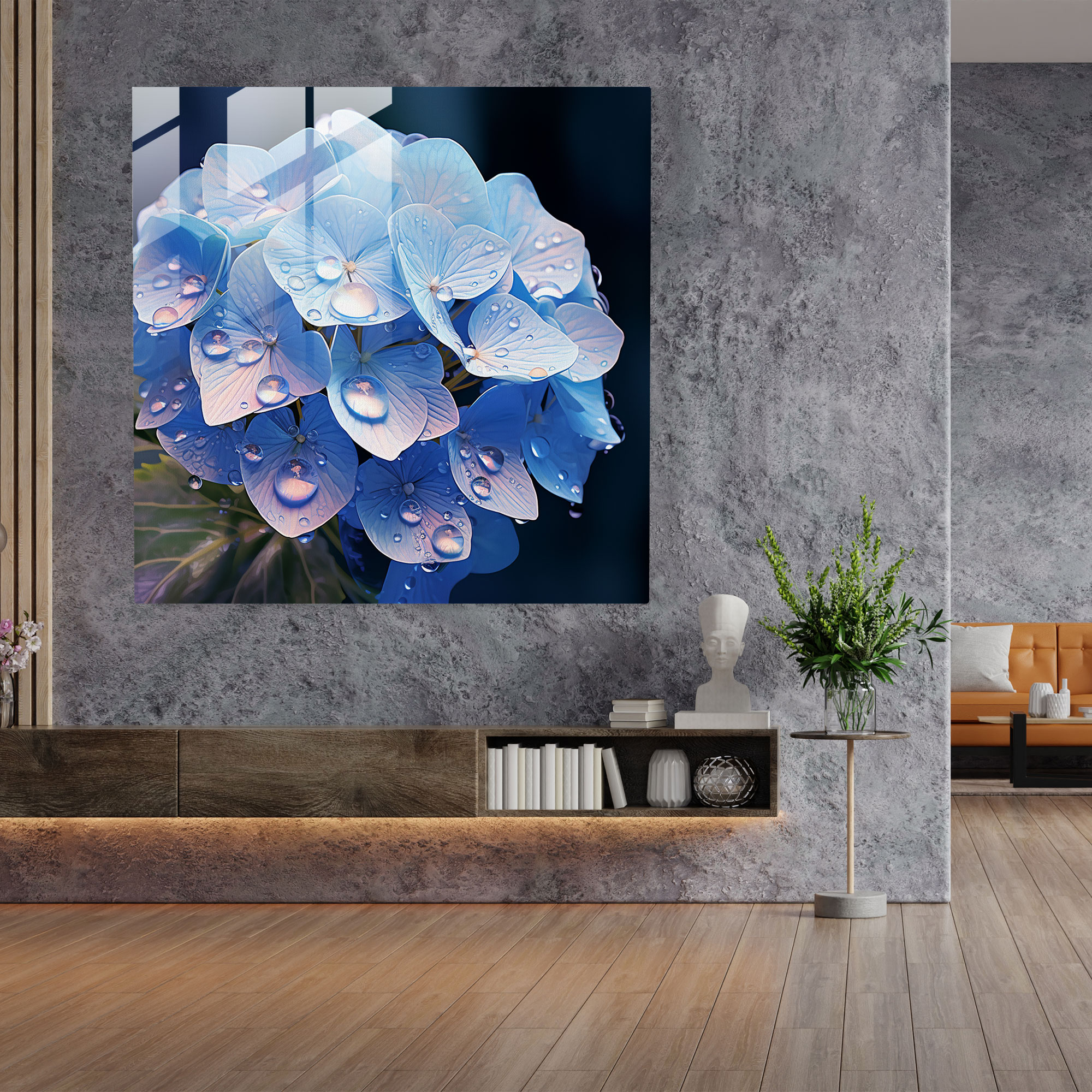 Hydrangea Blossom Glass Print - Hydrangea, Home Decoration, Delicate Petals, Digital Illustration