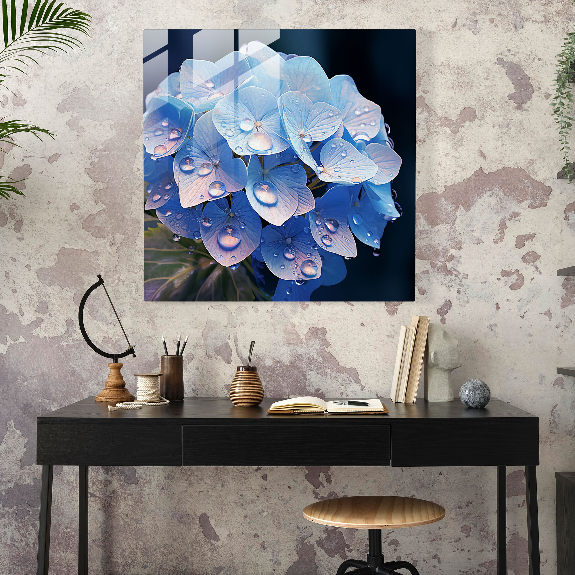 Hydrangea Blossom Glass Print - Hydrangea, Home Decoration, Delicate Petals, Digital Illustration