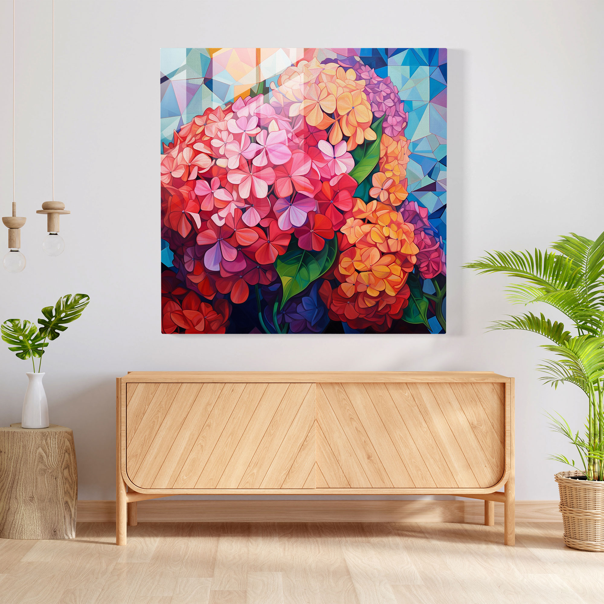 Abstract Hydrangea Glass Print - Hydrangea, Glass Art, Geometric Shapes, Abstract Artwork