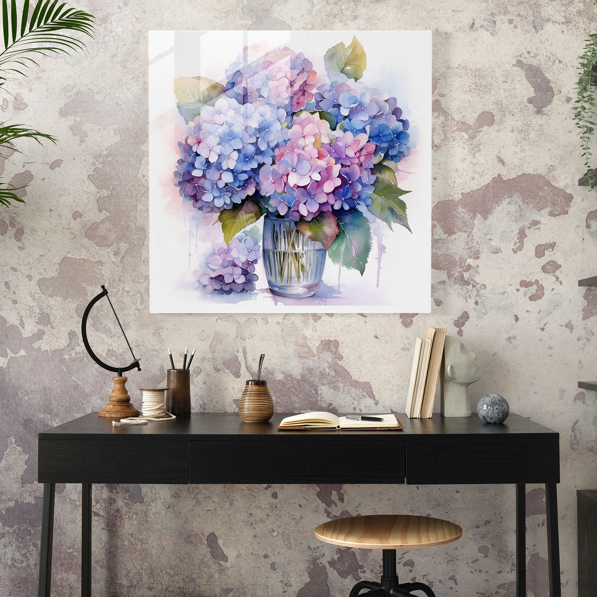 Elegant Hydrangea Glass Print - Hydrangea, Vibrant, Watercolor, Glass Art