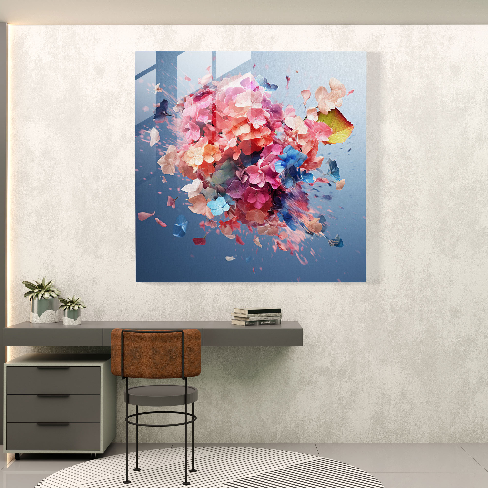 Hydrangea's Geometric Fusion Glass Print - Hydrangea, Contemporary, Nature, Hydrangea