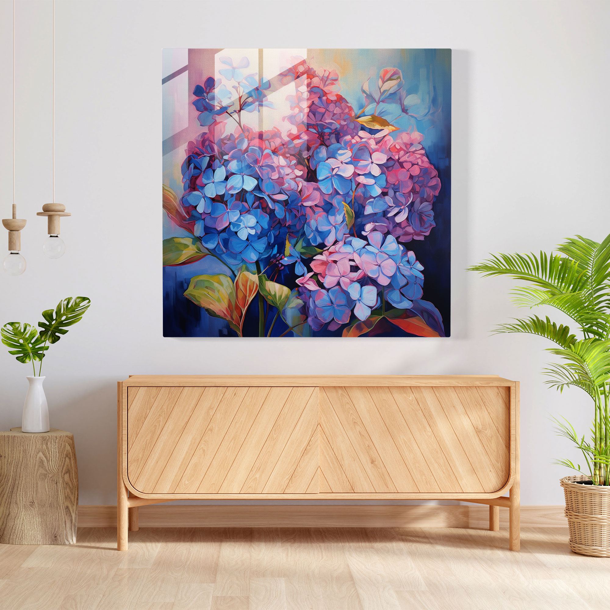 Dynamic Hydrangea Glass Print - Hydrangea, Wall Decoration, Modern Art, Movement