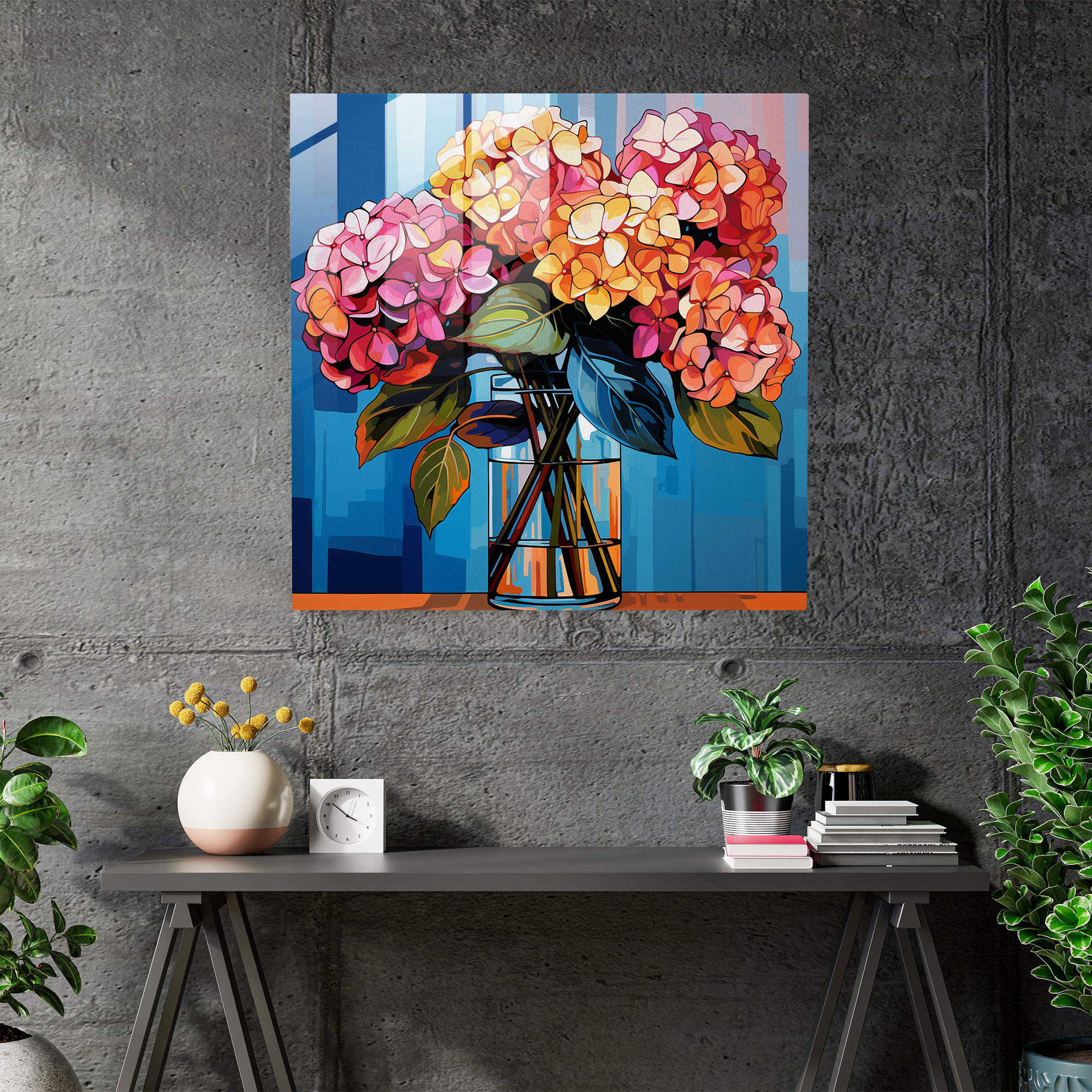 Playful Hydrangea Glass Print - Hydrangea, Hydrangea, Vibrant Hues, Graphic Background