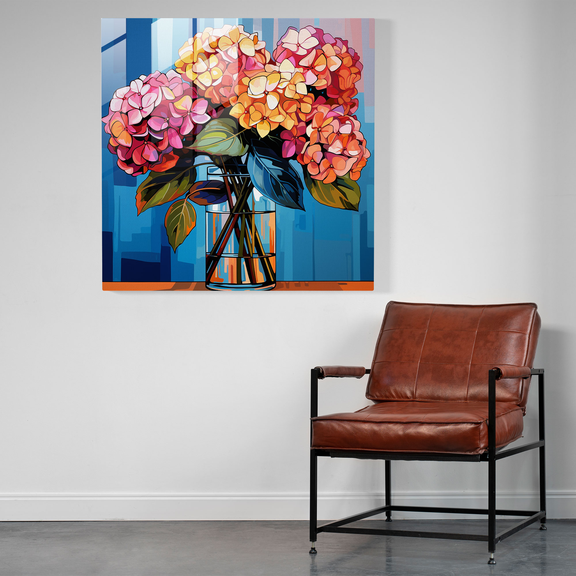 Playful Hydrangea Glass Print - Hydrangea, Hydrangea, Vibrant Hues, Graphic Background