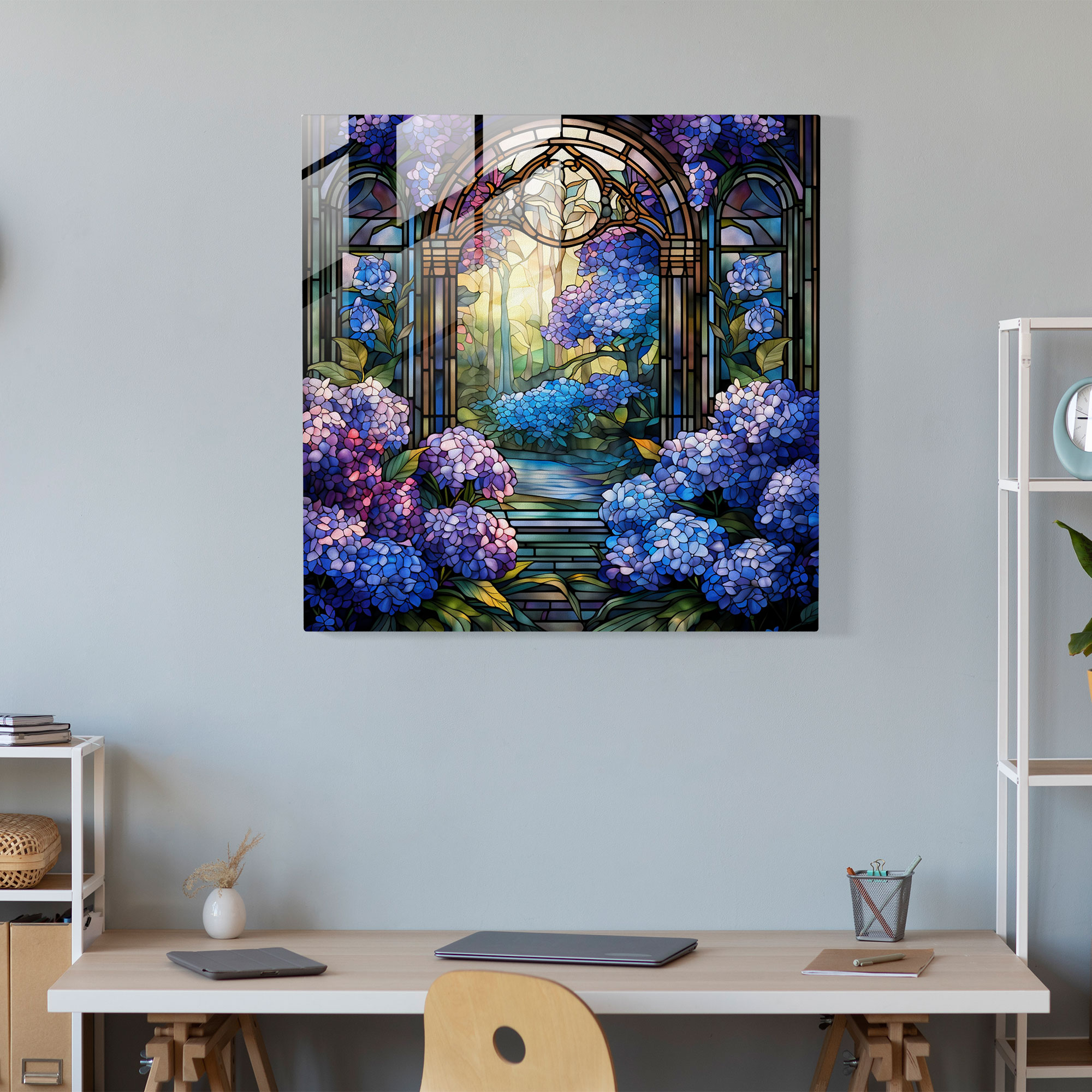 Vintage Hortensien Glasbild - Hortensien bunte Blumen Wanddekoration Gartenszene