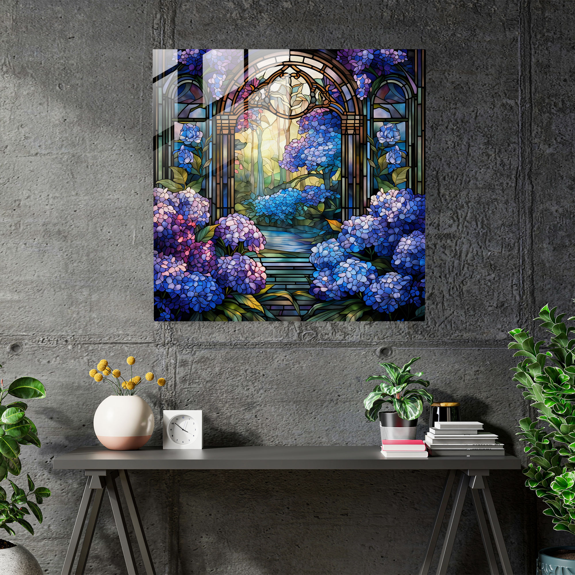 Vintage Hortensien Glasbild - Hortensien bunte Blumen Wanddekoration Gartenszene