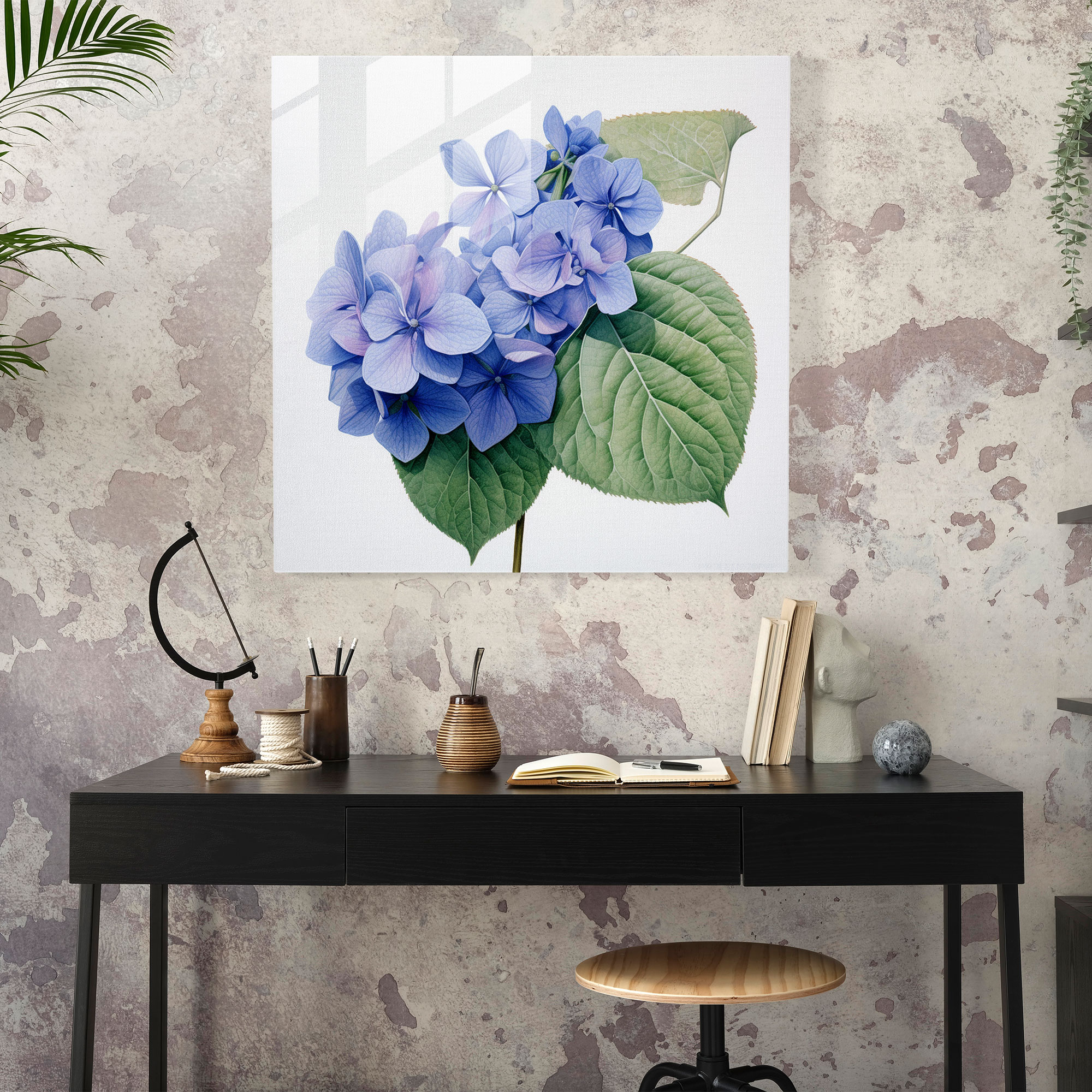 Botanical Hydrangea Glass Print - Hydrangea, Hydrangea, Petals And Leaves, Realistic Botanical Illustration