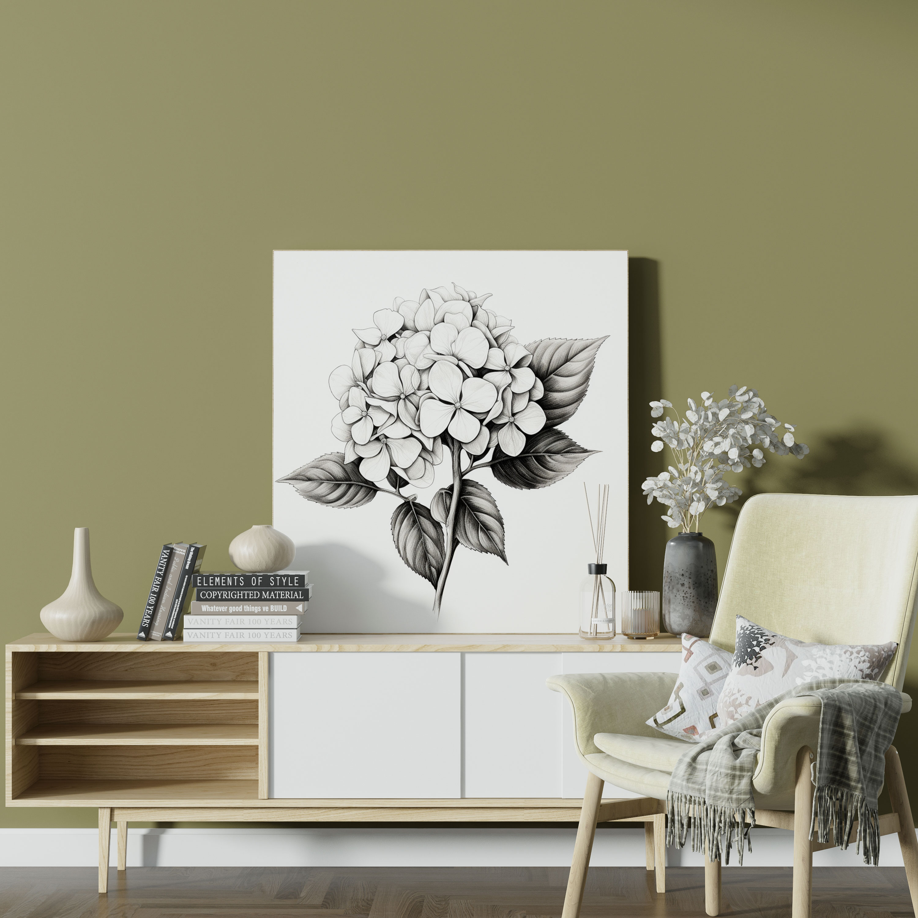 Hydrangea Sketch Canvas Print - Hydrangea, Home Decoration, Black And White Sketch, Wall Art