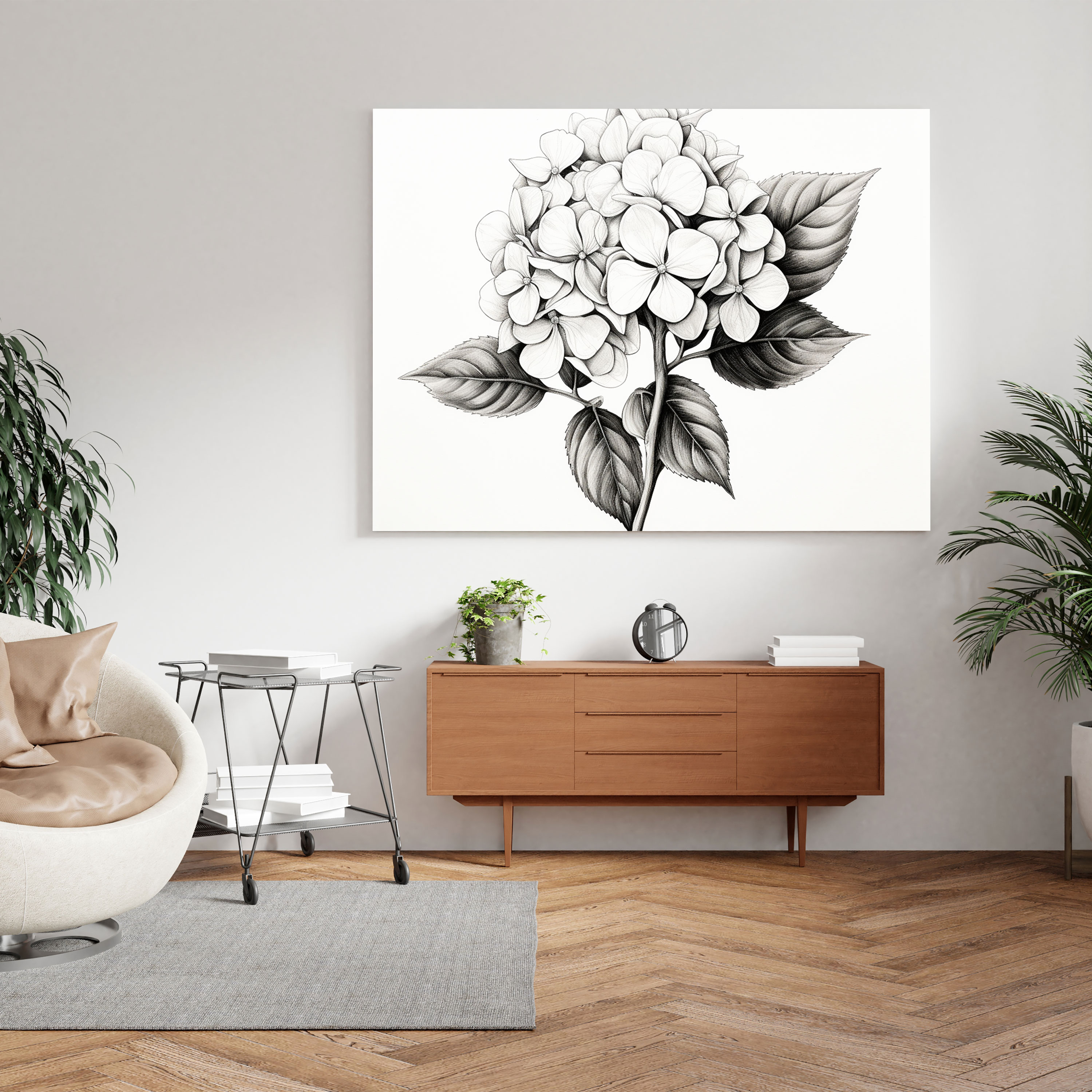 Hydrangea Sketch Canvas Print - Hydrangea, Home Decoration, Black And White Sketch, Wall Art
