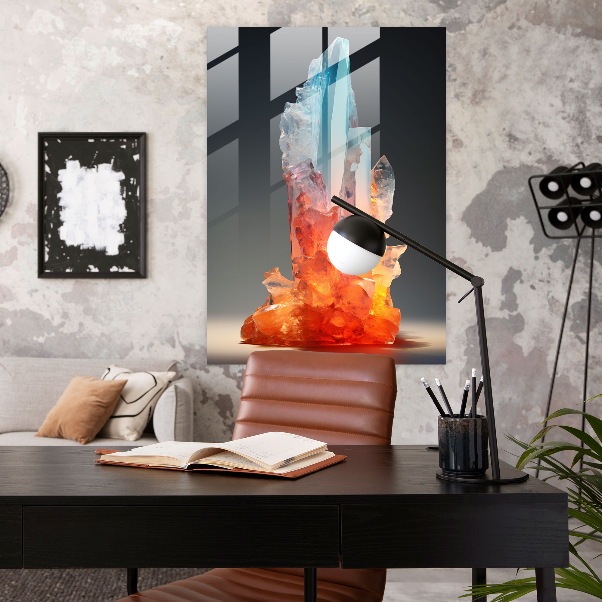 Buz ve Ateş Cam Tablosu - Buz Dağı Ev Dekorasyonu Ateş Modern Sanat
