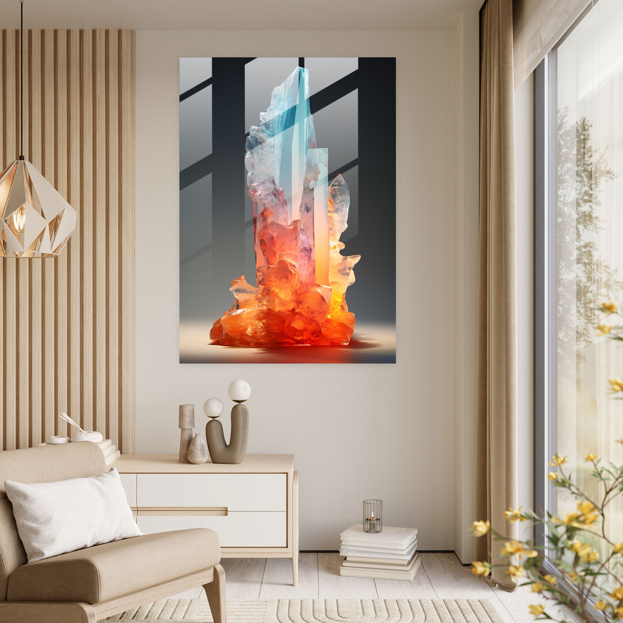 Buz ve Ateş Cam Tablosu - Buz Dağı Ev Dekorasyonu Ateş Modern Sanat