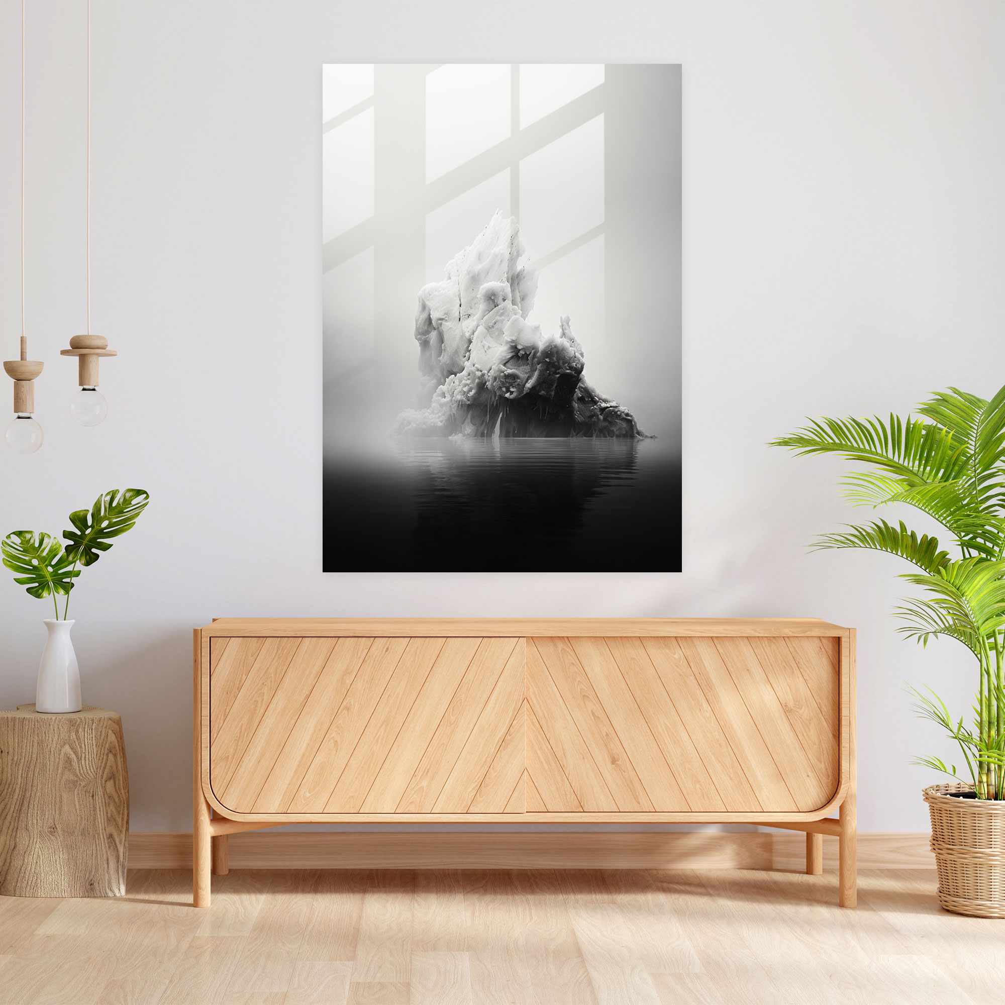 Gizemli Monokrom Cam Tablo - Buzdağı Modern Sanat Minimalist Zarafet Gizem ve Merak