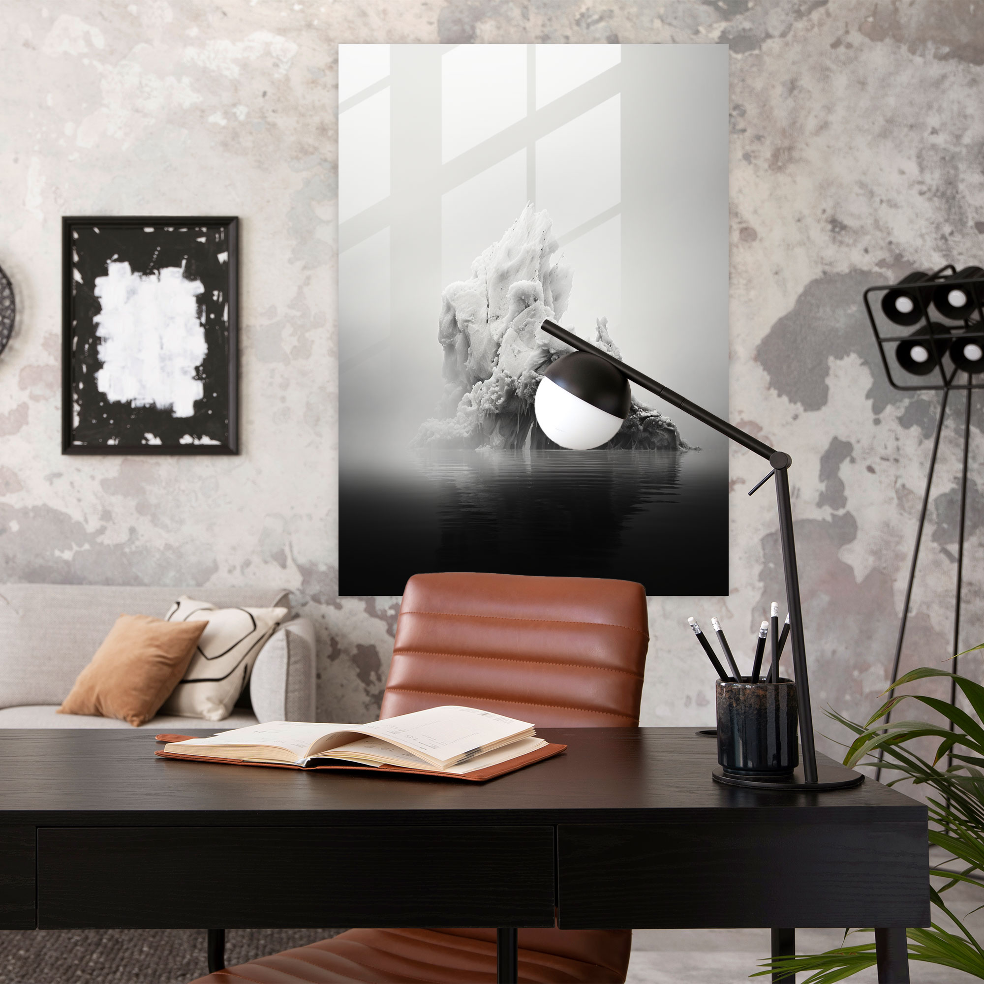 Gizemli Monokrom Cam Tablo - Buzdağı Modern Sanat Minimalist Zarafet Gizem ve Merak