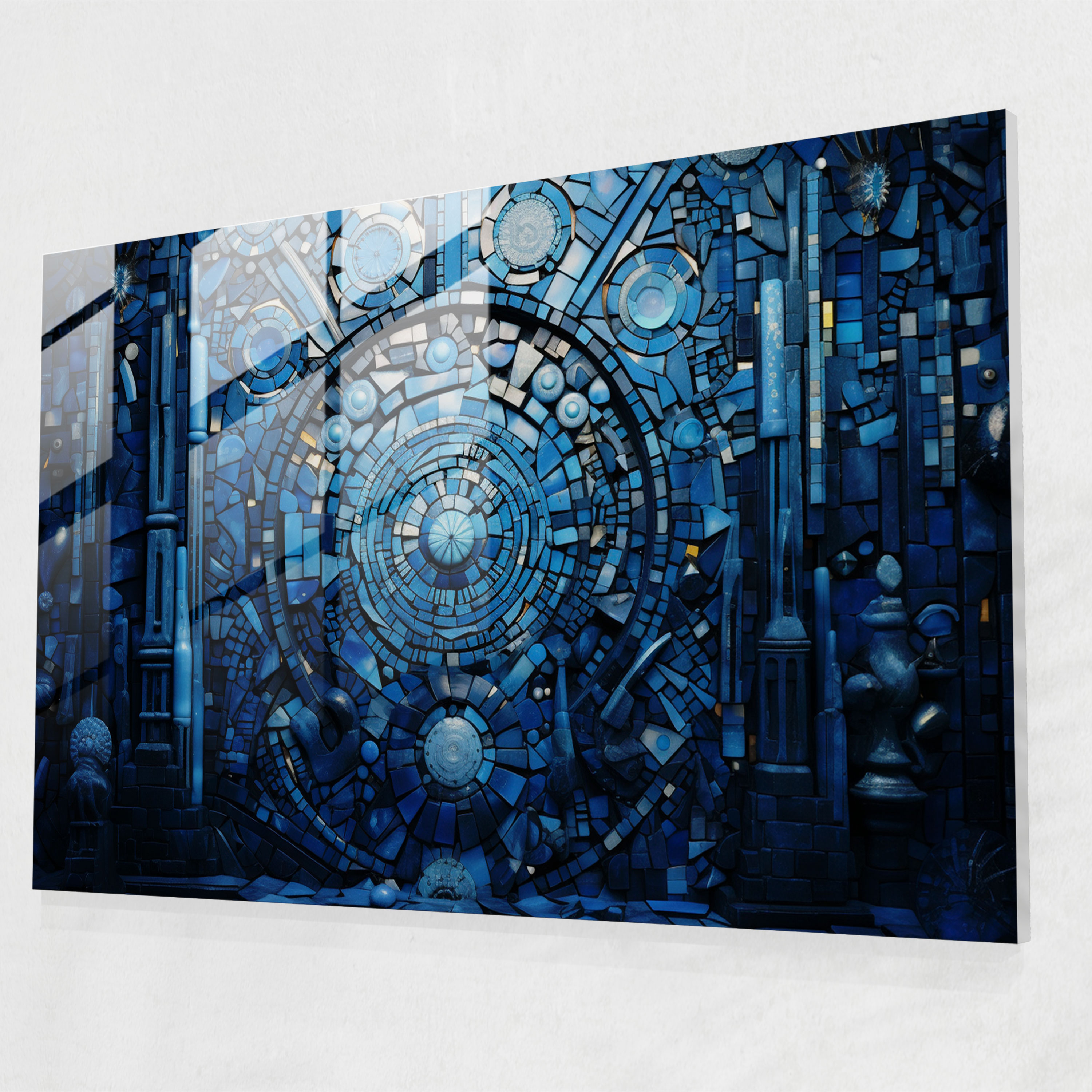 Esotericism Glass Print: Blue Stained Glass Mosaic - Illuminati, Glass Print, Stained Glass, Glass Wall Art