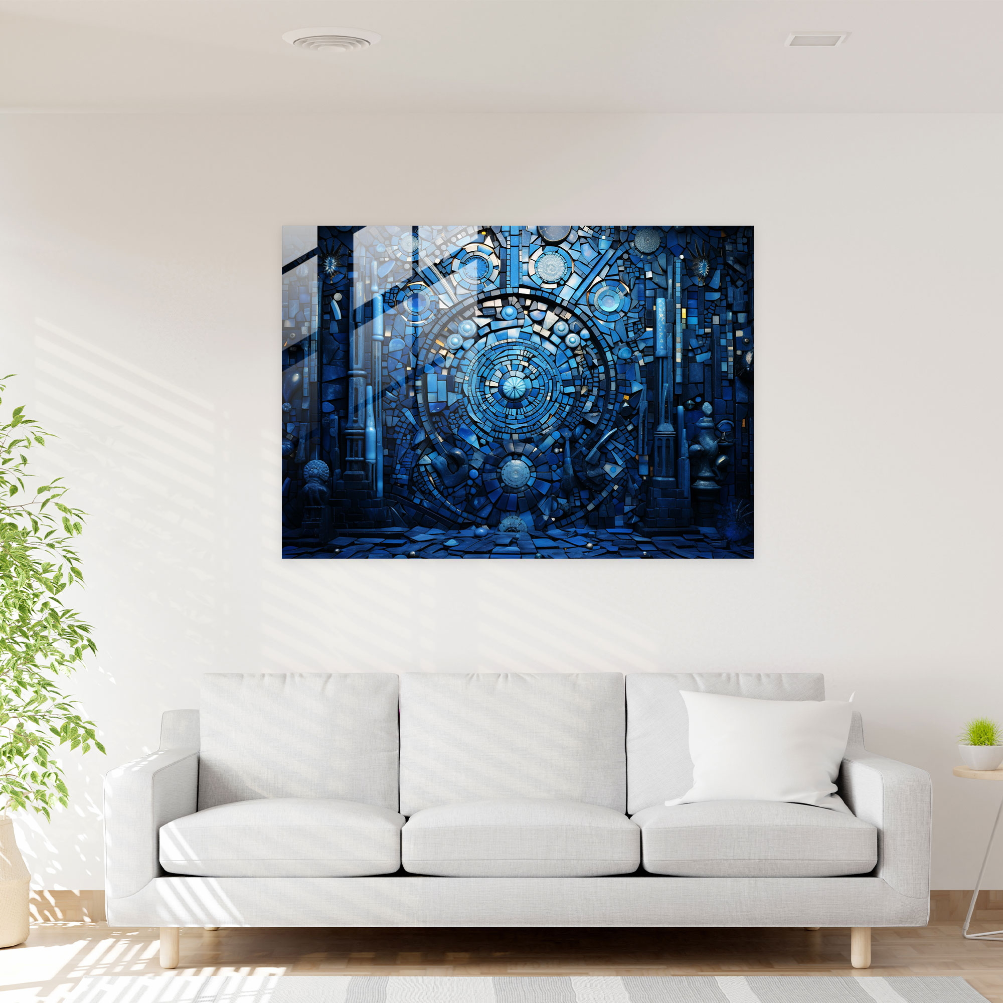 Esotericism Glass Print: Blue Stained Glass Mosaic - Illuminati, Glass Print, Stained Glass, Glass Wall Art