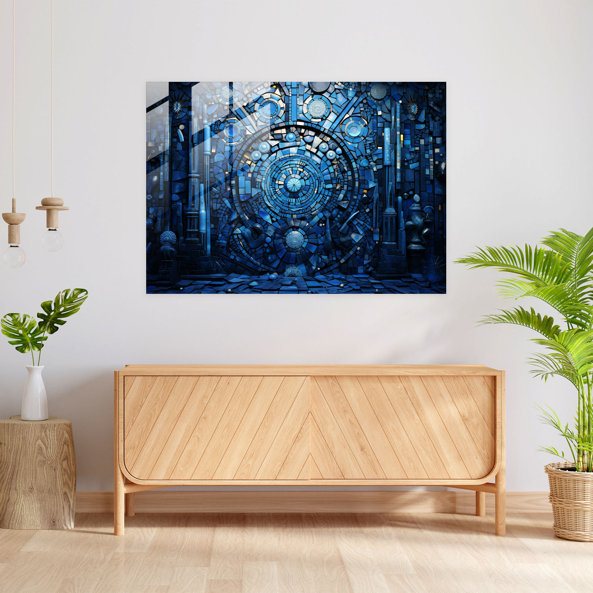 Esotericism Glass Print: Blue Stained Glass Mosaic - Illuminati, Glass Print, Stained Glass, Glass Wall Art