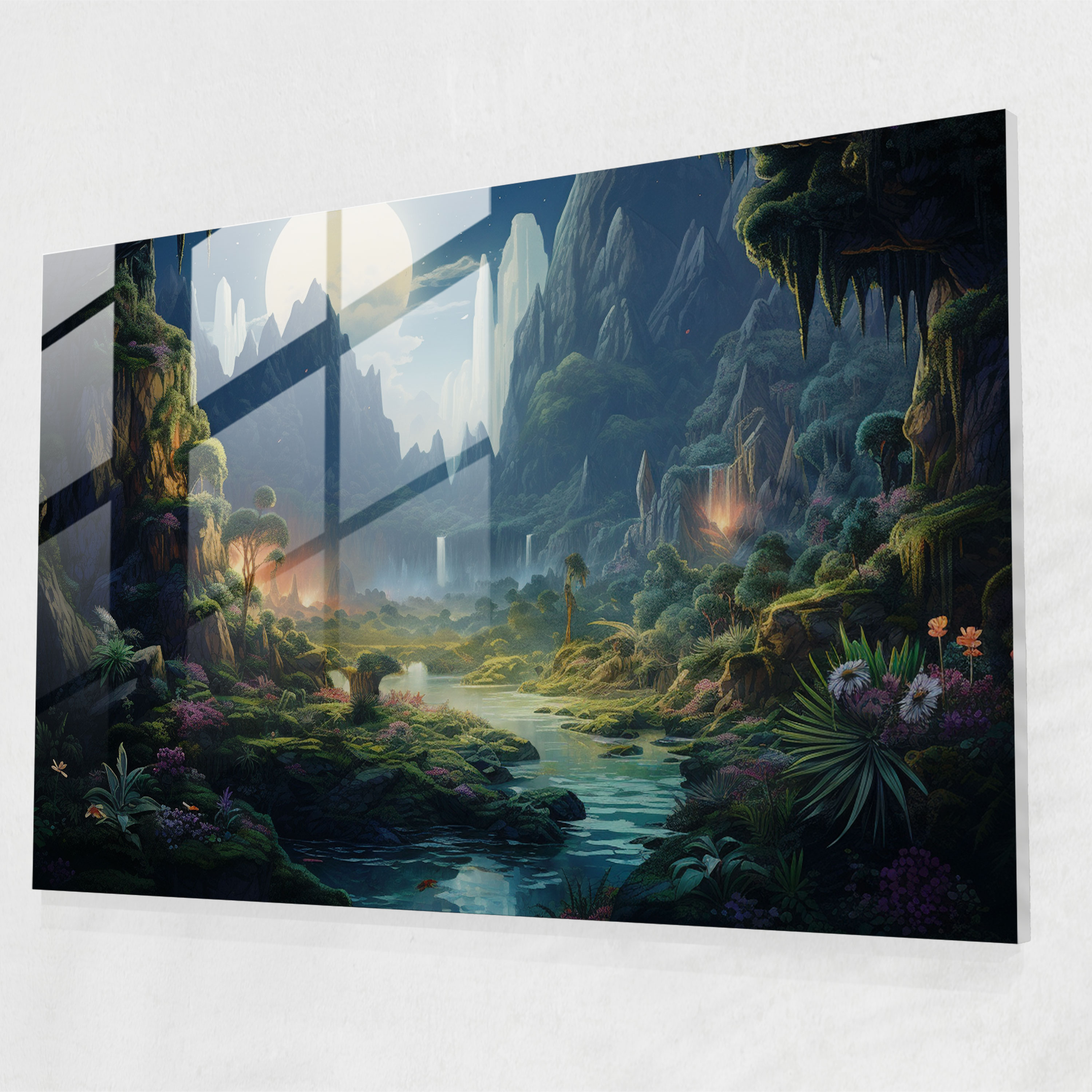 Esotericism Glass Print: Enigmatic Dreamlike Oasis - Illuminati, Fantastical Realm, Glass Art, Wall Decoration
