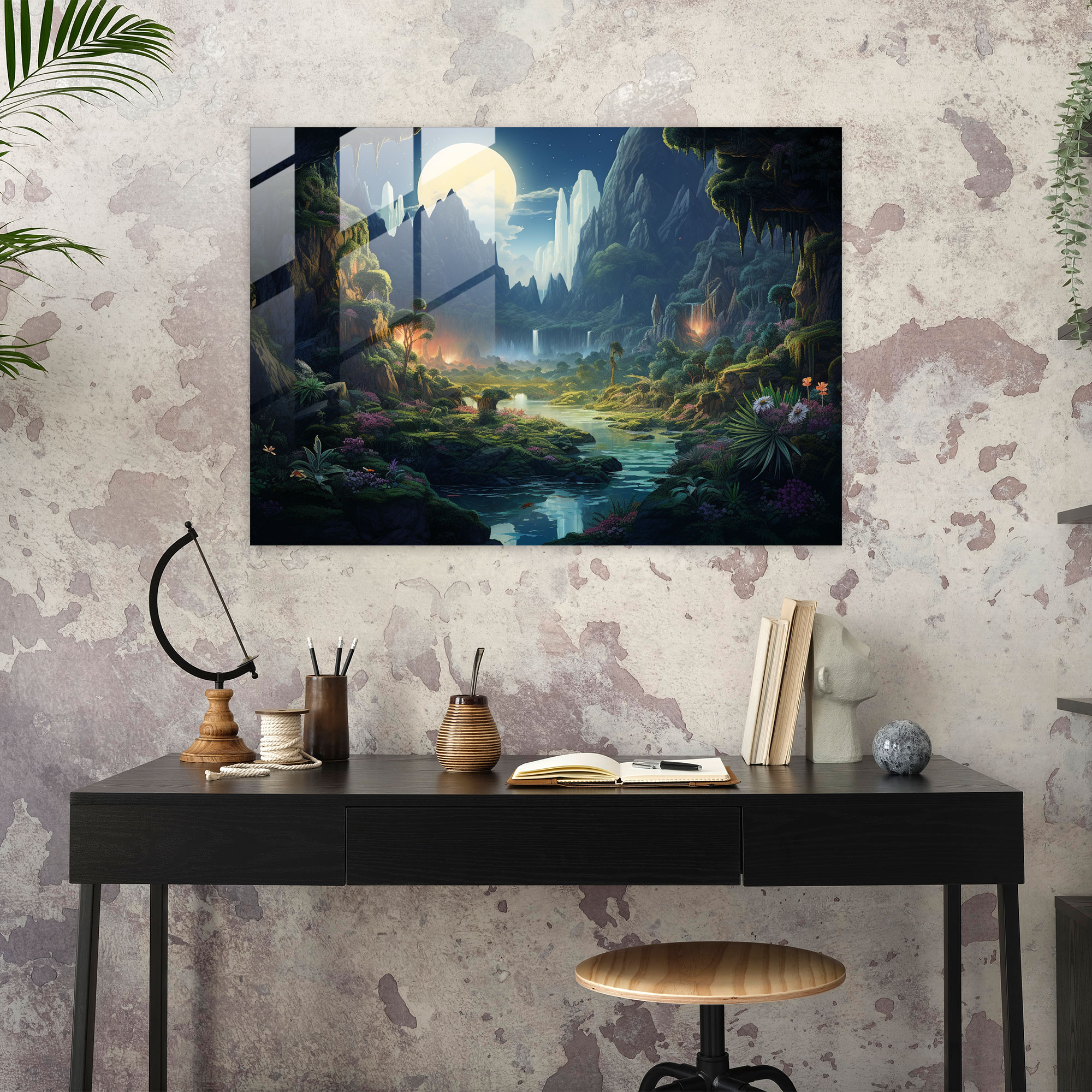 Esotericism Glass Print: Enigmatic Dreamlike Oasis - Illuminati, Fantastical Realm, Glass Art, Wall Decoration
