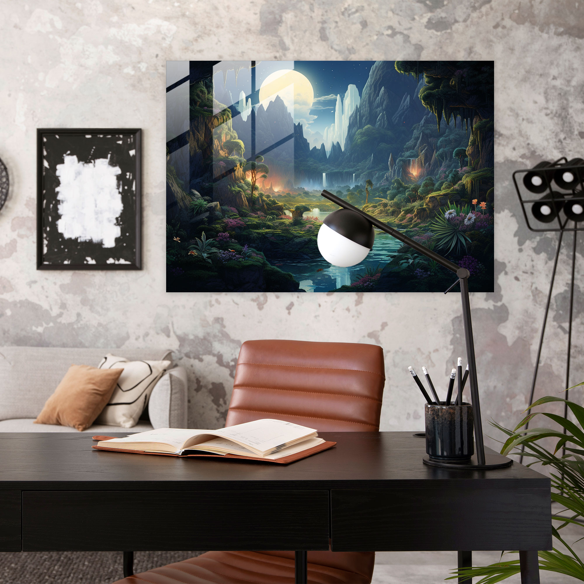 Esotericism Glass Print: Enigmatic Dreamlike Oasis - Illuminati, Fantastical Realm, Glass Art, Wall Decoration