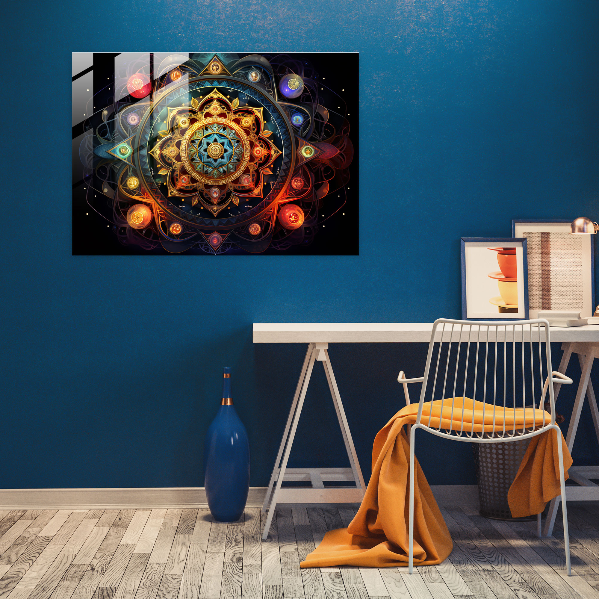 Gizemli Cam Tablo: Parlak Mandala - Illuminati Gizemli Mandala Cam Duvar Sanatı Cam Tablo