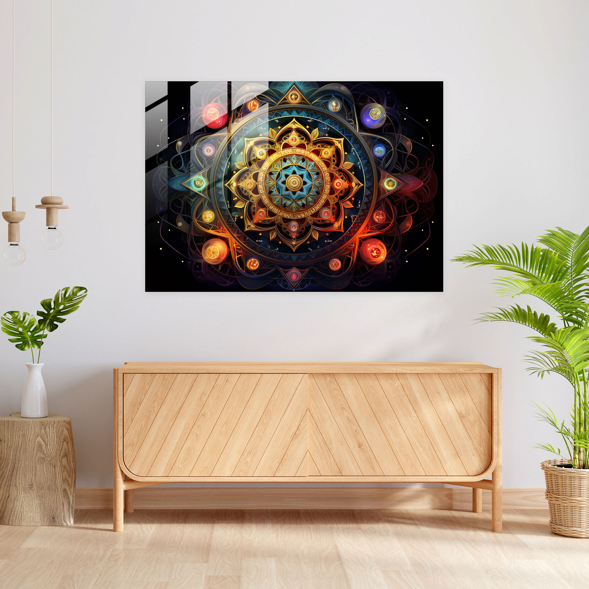 Gizemli Cam Tablo: Parlak Mandala - Illuminati Gizemli Mandala Cam Duvar Sanatı Cam Tablo