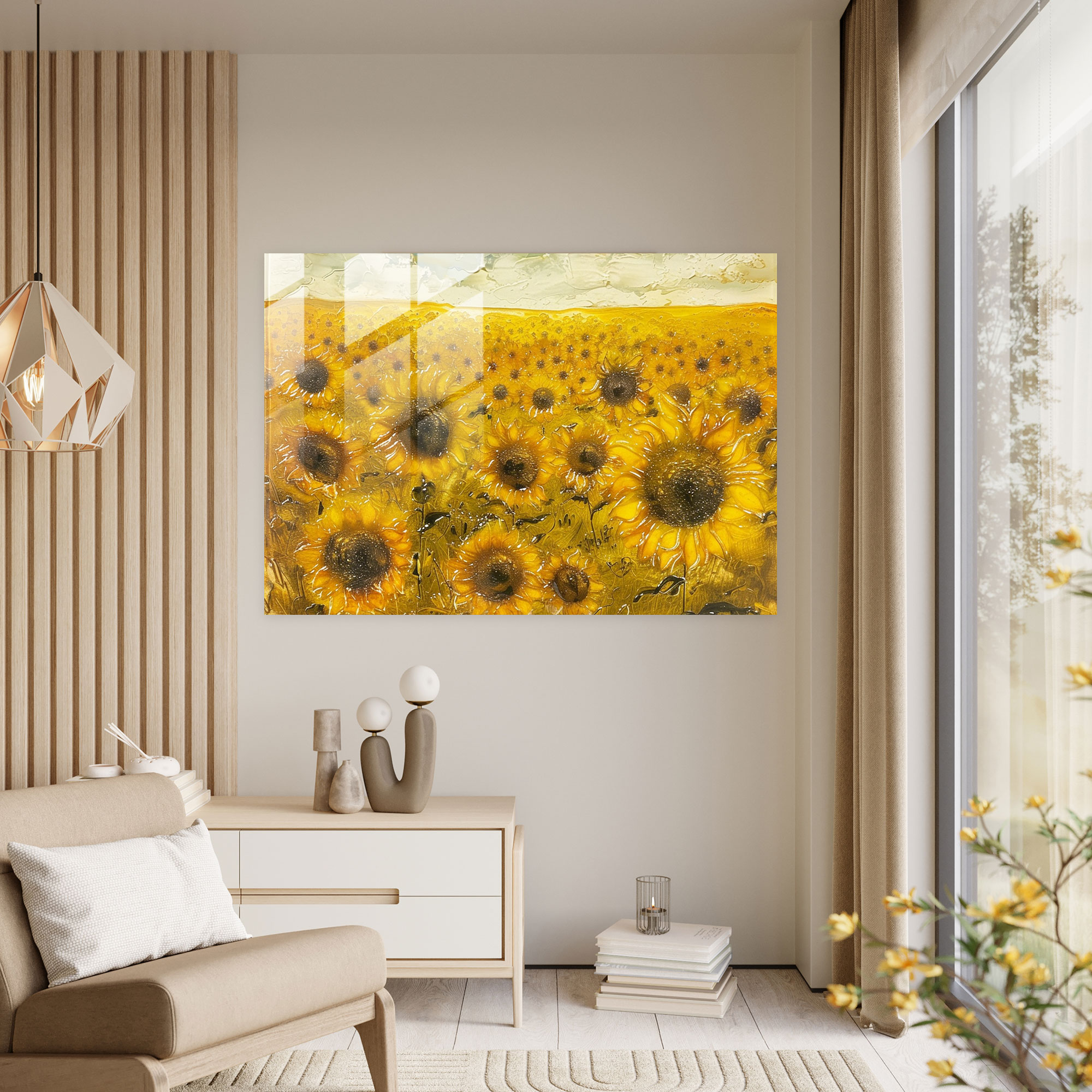 Impressionism Glass Print - Field Of Blooming Sunflowers - Impressionism, Home Decoration, Glass Print, Impressionism