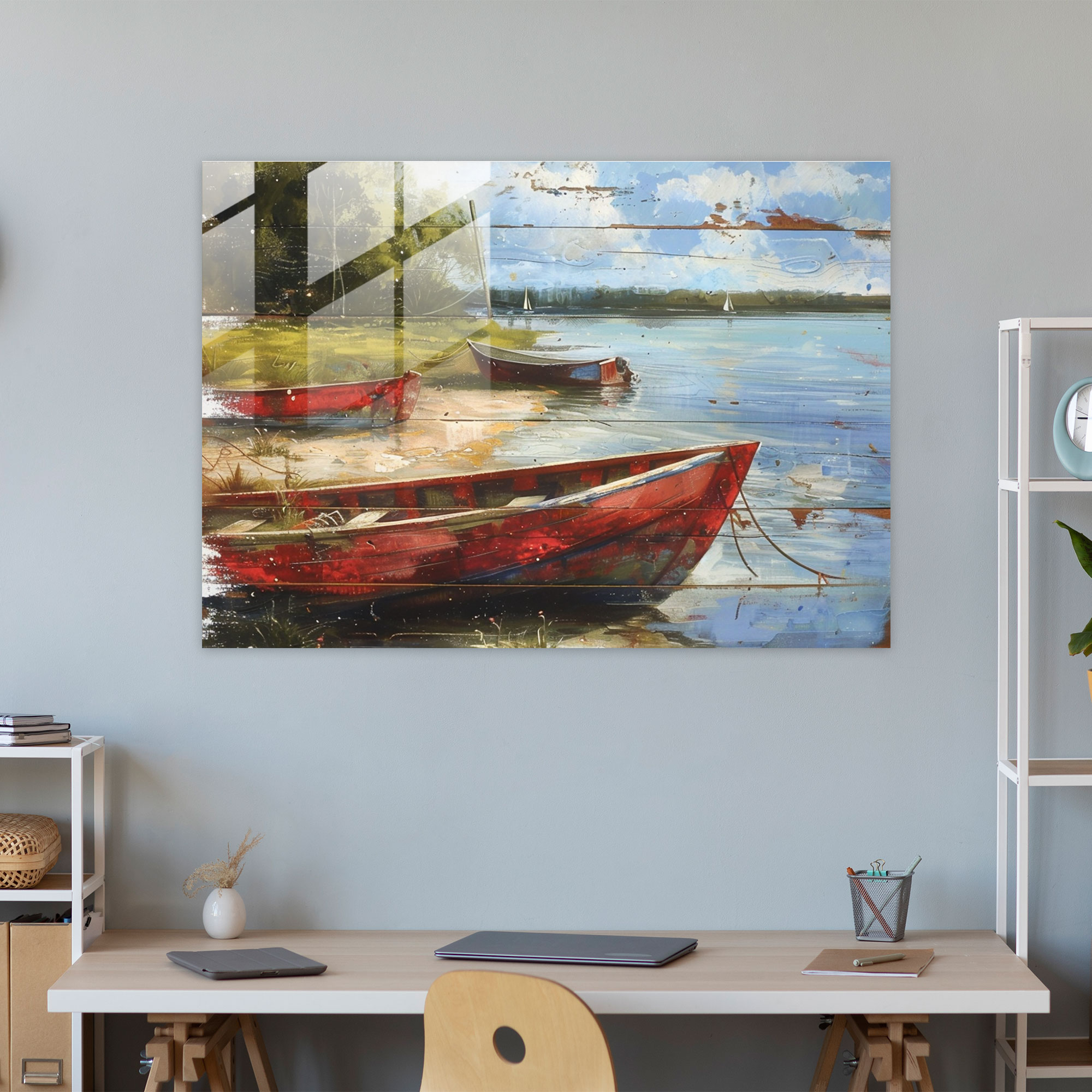 Impressionism Glass Wall Art - Serene Waterfront With Boats - Impressionism, Glass Wall Art, Wall Decoration, Boats