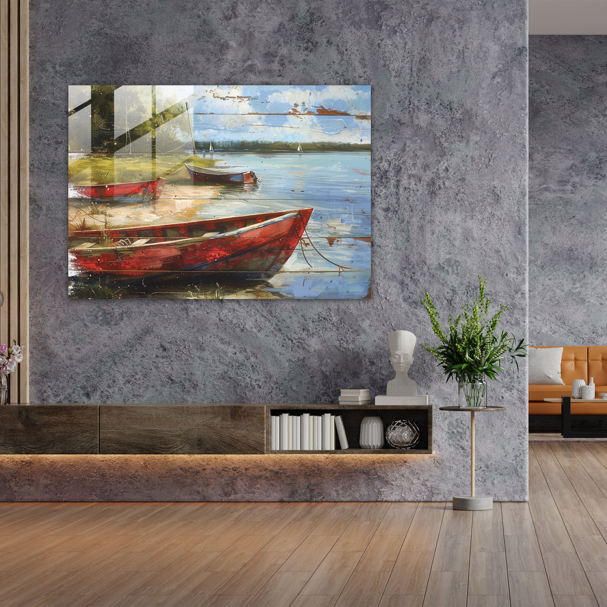 Impressionism Glass Wall Art - Serene Waterfront With Boats - Impressionism, Glass Wall Art, Wall Decoration, Boats