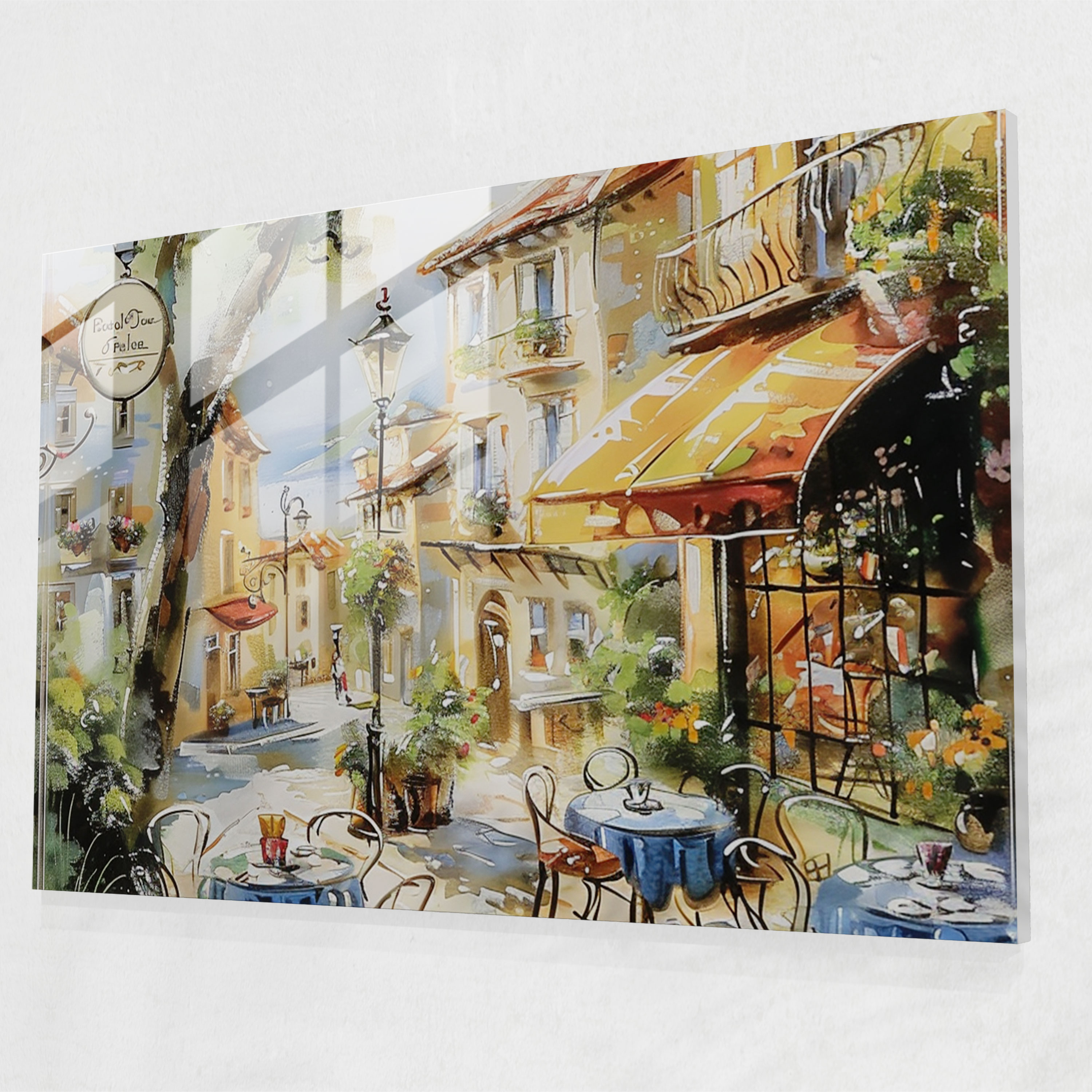 Impressionism Glass Print - Charming Cafe Scene In A Quaint Village - Impressionism, Glass Print, Village, Cafe Scene