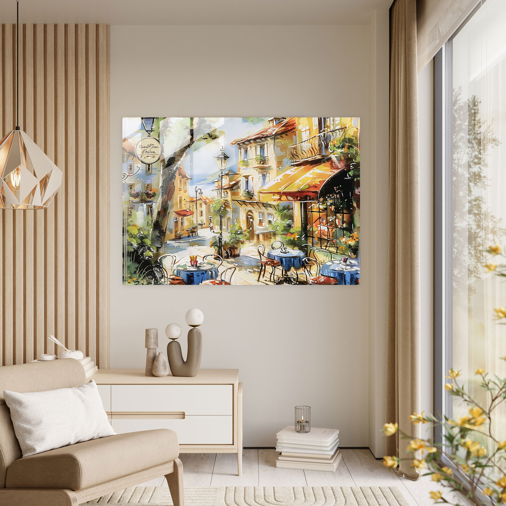 Impressionism Glass Print - Charming Cafe Scene In A Quaint Village - Impressionism, Glass Print, Village, Cafe Scene