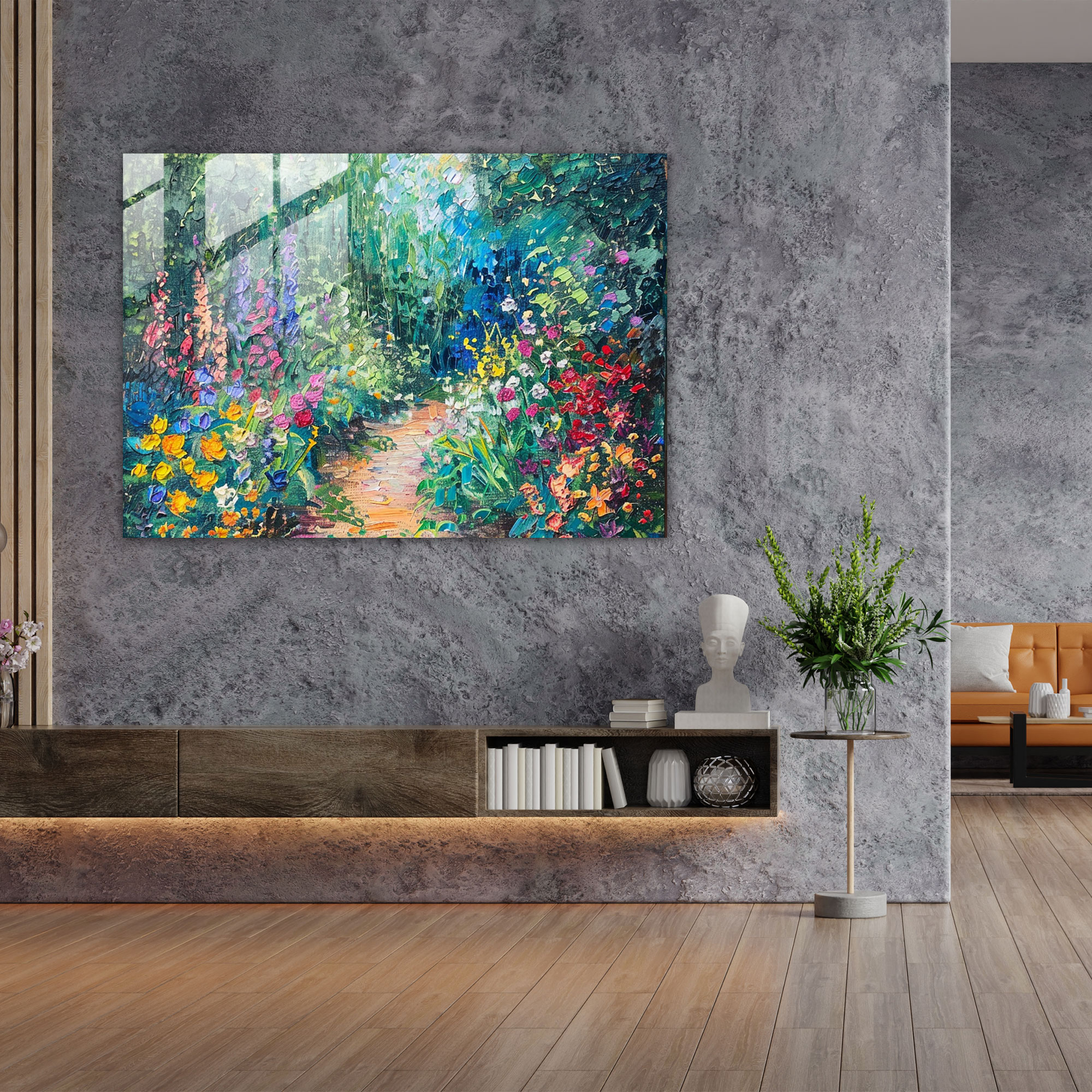 Impressionism Glass Wall Art - Lush Blooming Garden With A Path - Impressionism, Glass Wall Art, Path, Wall Decoration