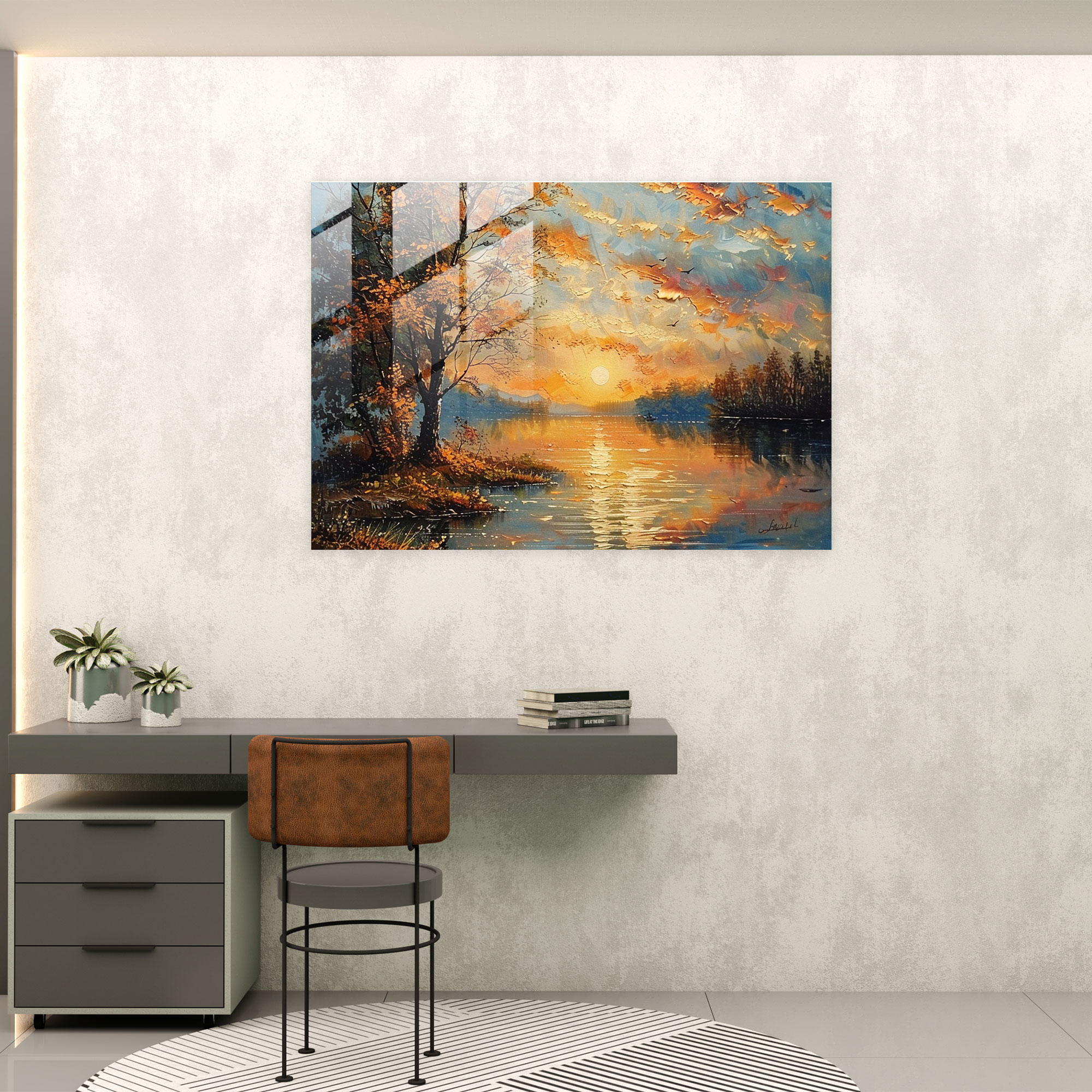 Impressionism Home Decoration - Romantic Lakeside Sunset - Impressionism, Lakeside, Glass Print, Sunset
