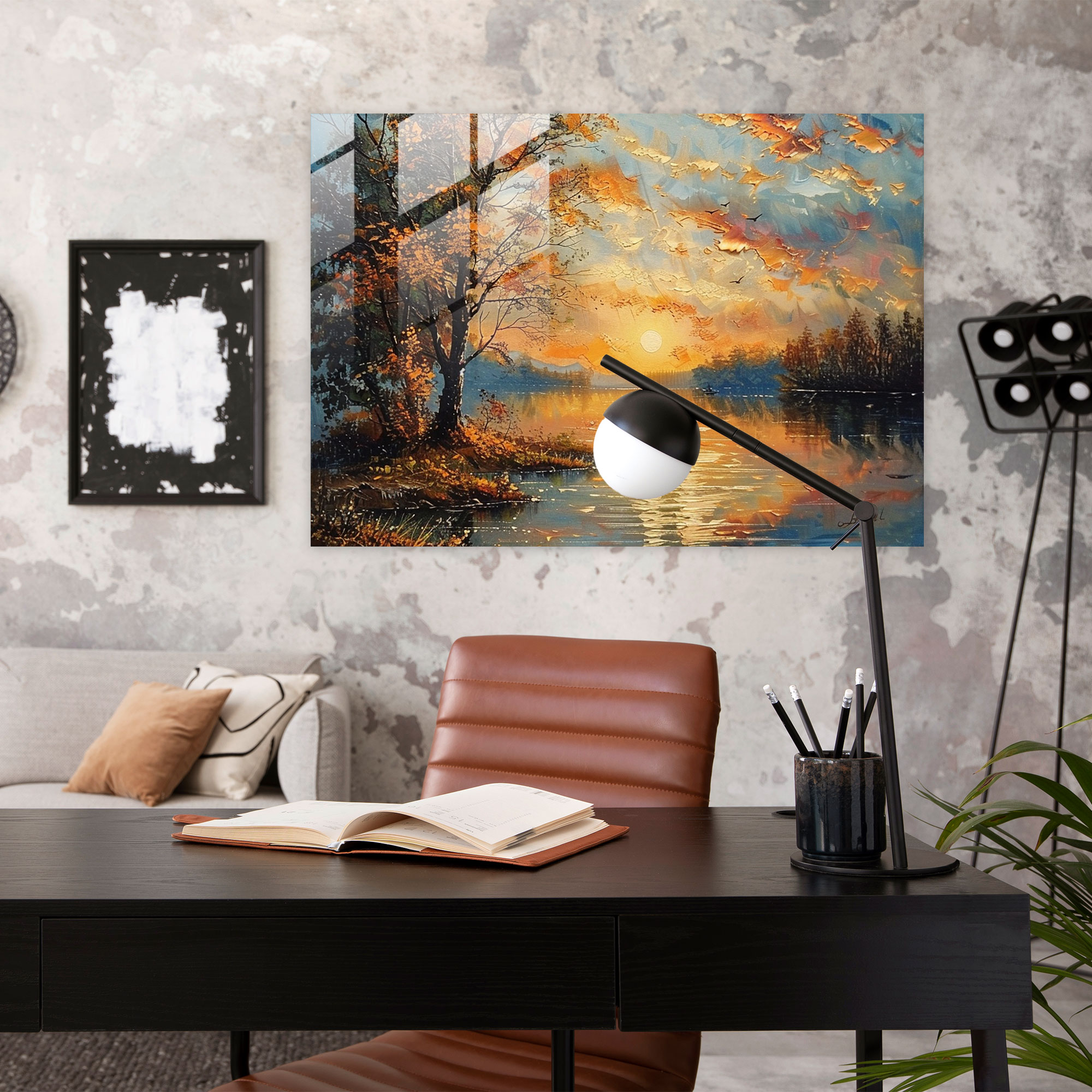 Impressionism Home Decoration - Romantic Lakeside Sunset - Impressionism, Lakeside, Glass Print, Sunset