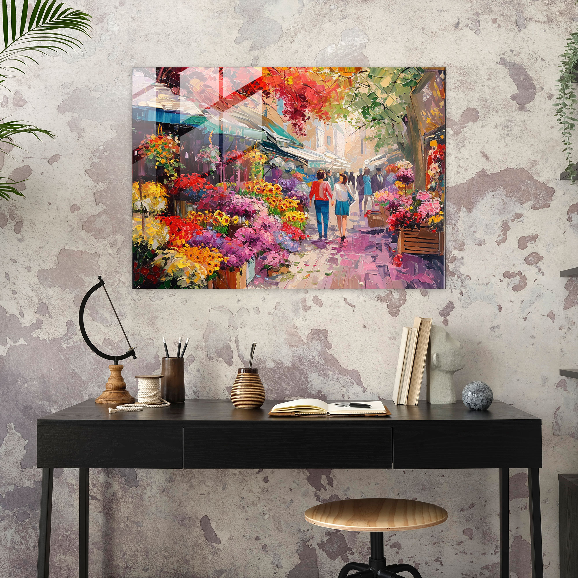 Impressionism Wall Decoration - Colorful Flower Market In Full Bloom - Impressionism, Glass Print, Flower Market, Wall Decoration