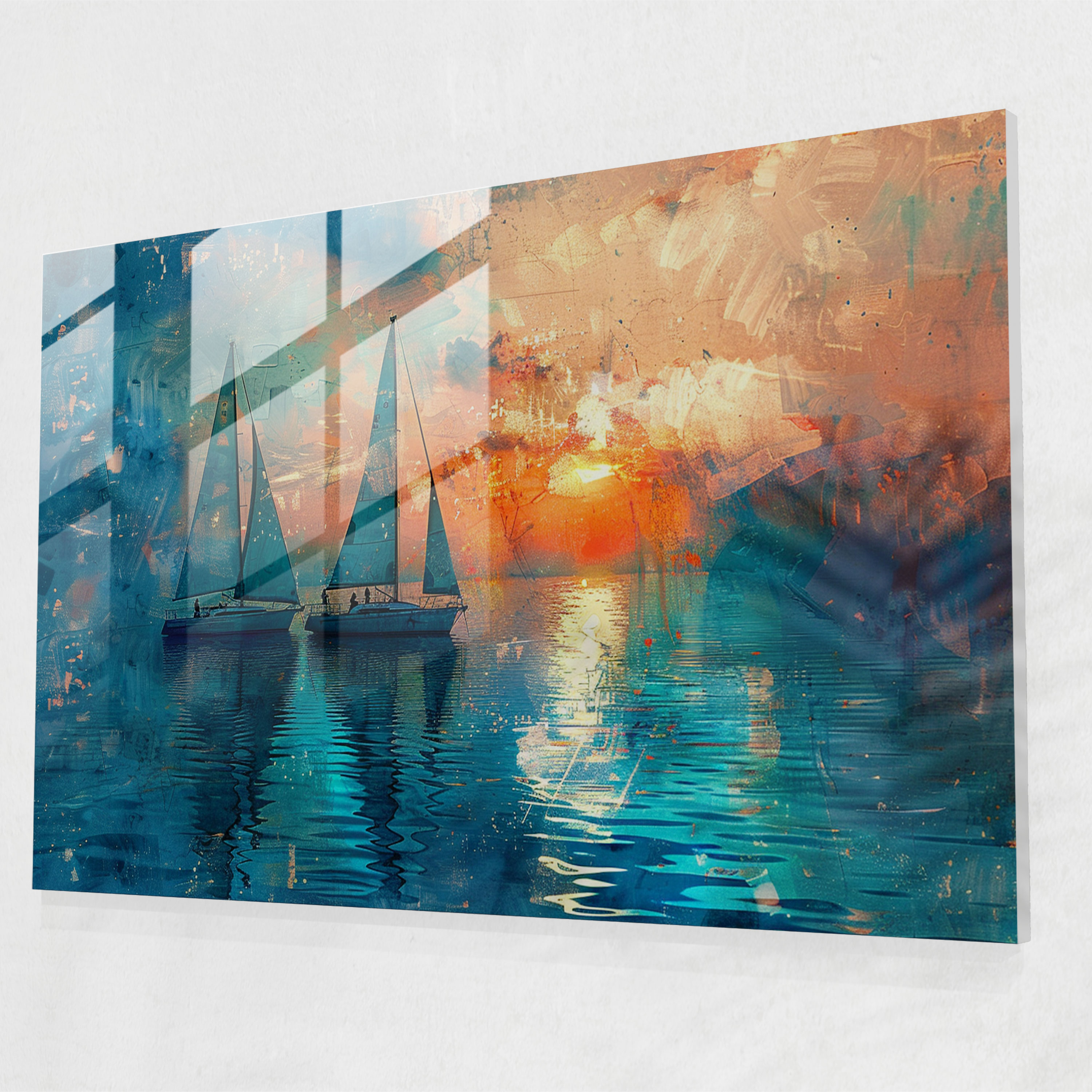 Impressionism Sailboats Sunset Glass Print - Impressionism, Lake, Wall Decoration, Impressionism