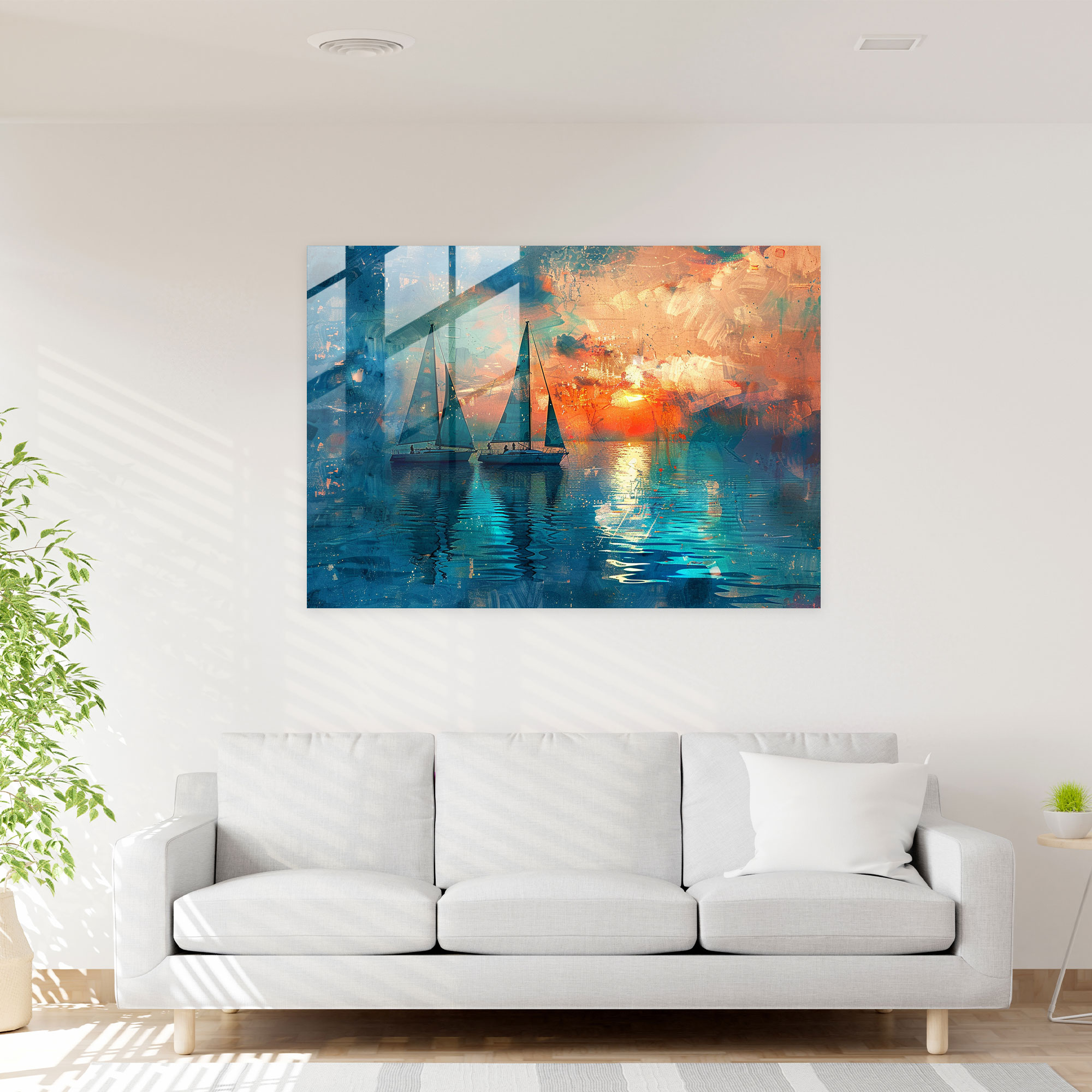 Impressionism Sailboats Sunset Glass Print - Impressionism, Lake, Wall Decoration, Impressionism