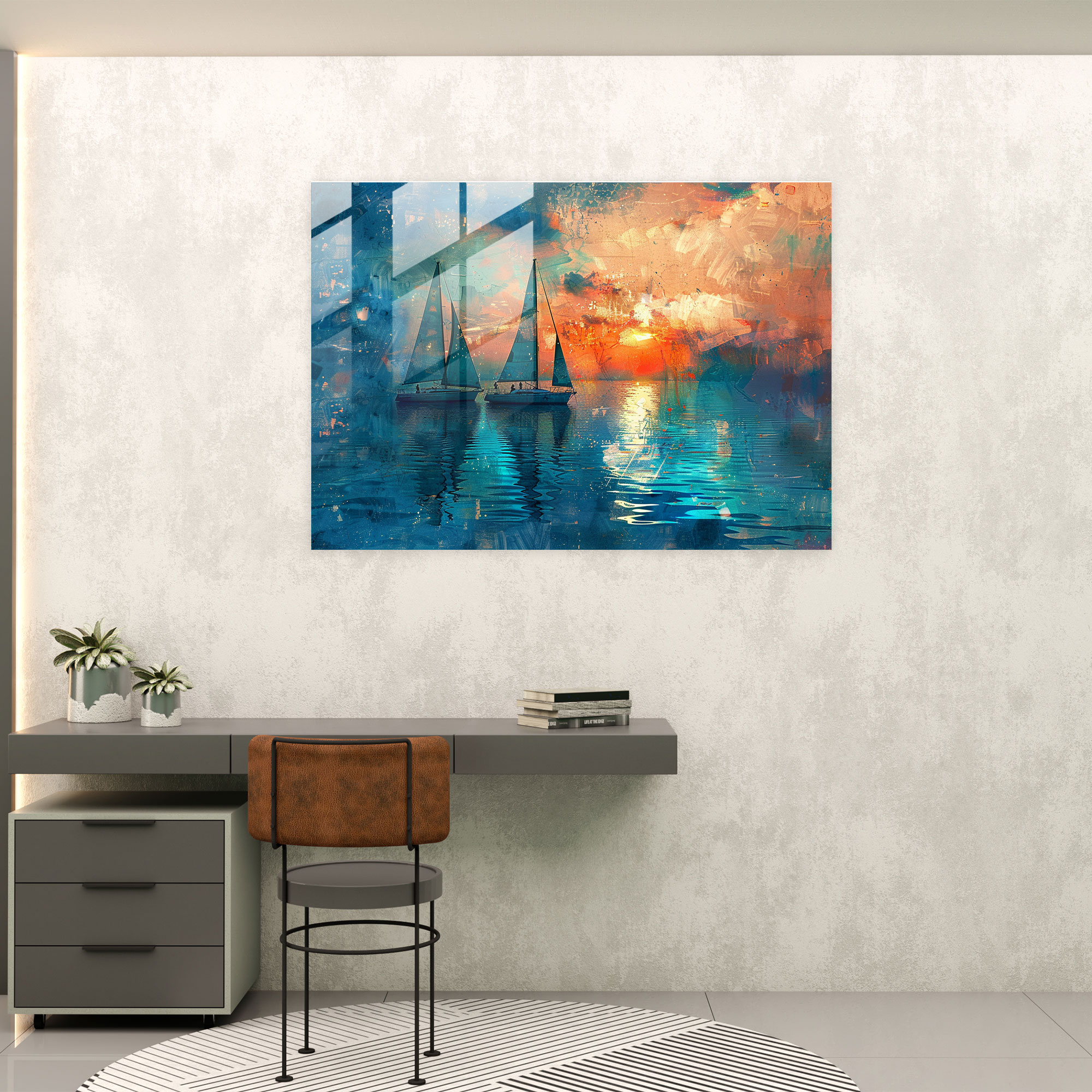Impressionism Sailboats Sunset Glass Print - Impressionism, Lake, Wall Decoration, Impressionism
