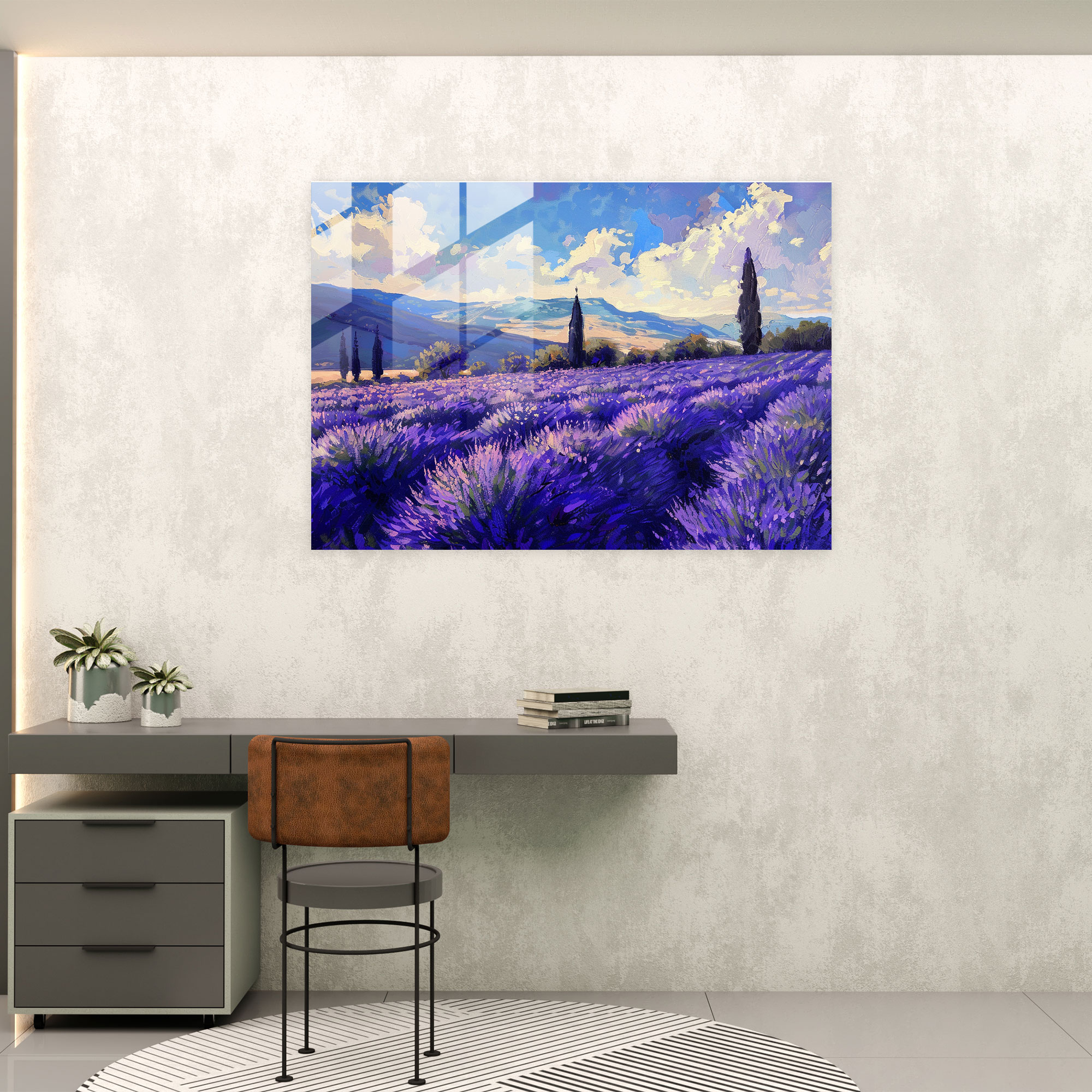 Impressionism Lavender Field Glass Print - Impressionism, Flowers, Lavender, Home Decoration