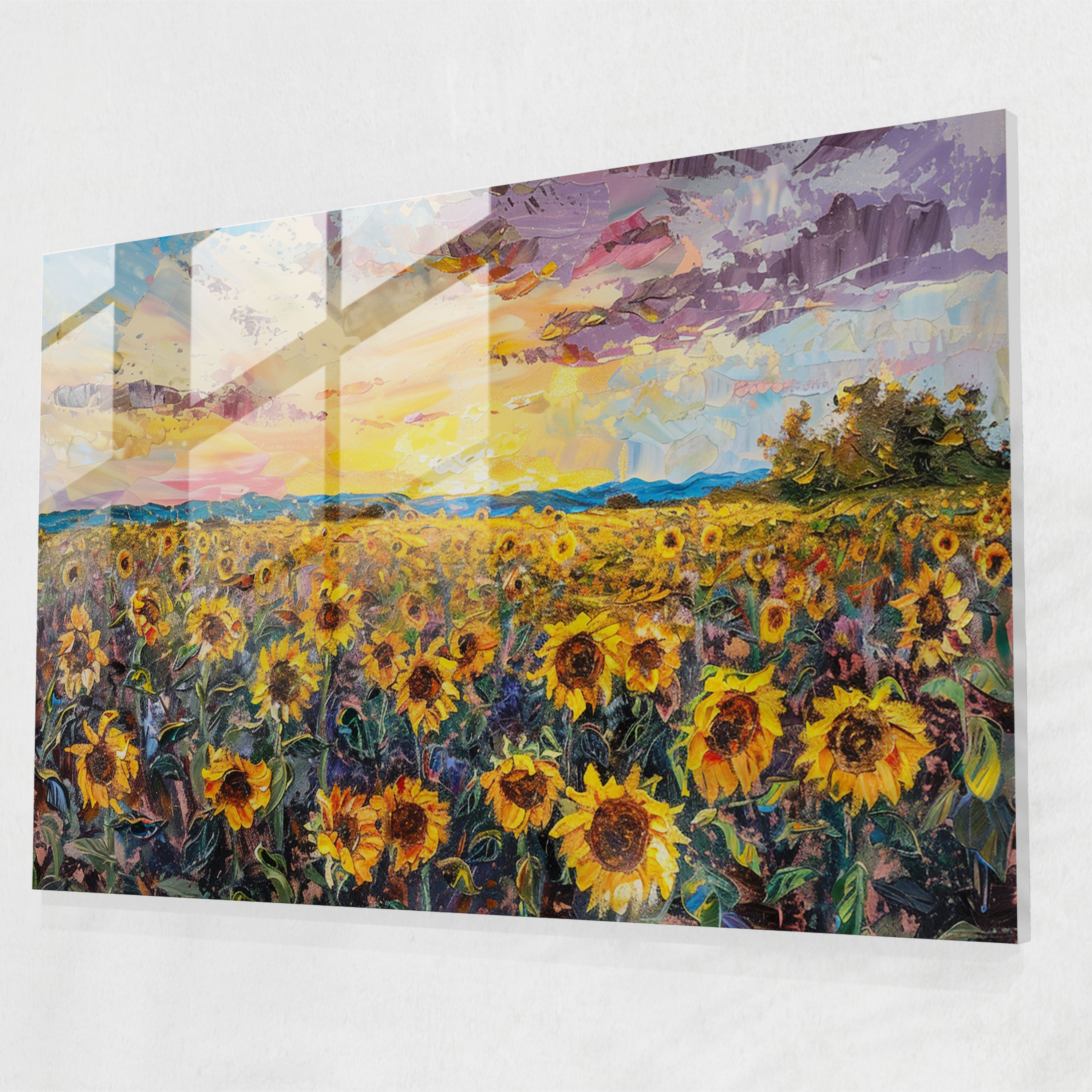 Sunflower Field At Sunset Glass Print - Impressionism, Glass Art, Modern Art, Wall Decoration