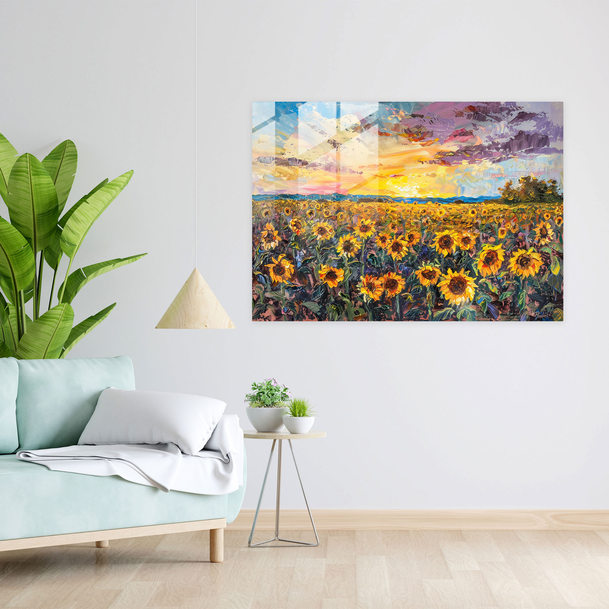 Sunflower Field At Sunset Glass Print - Impressionism, Glass Art, Modern Art, Wall Decoration