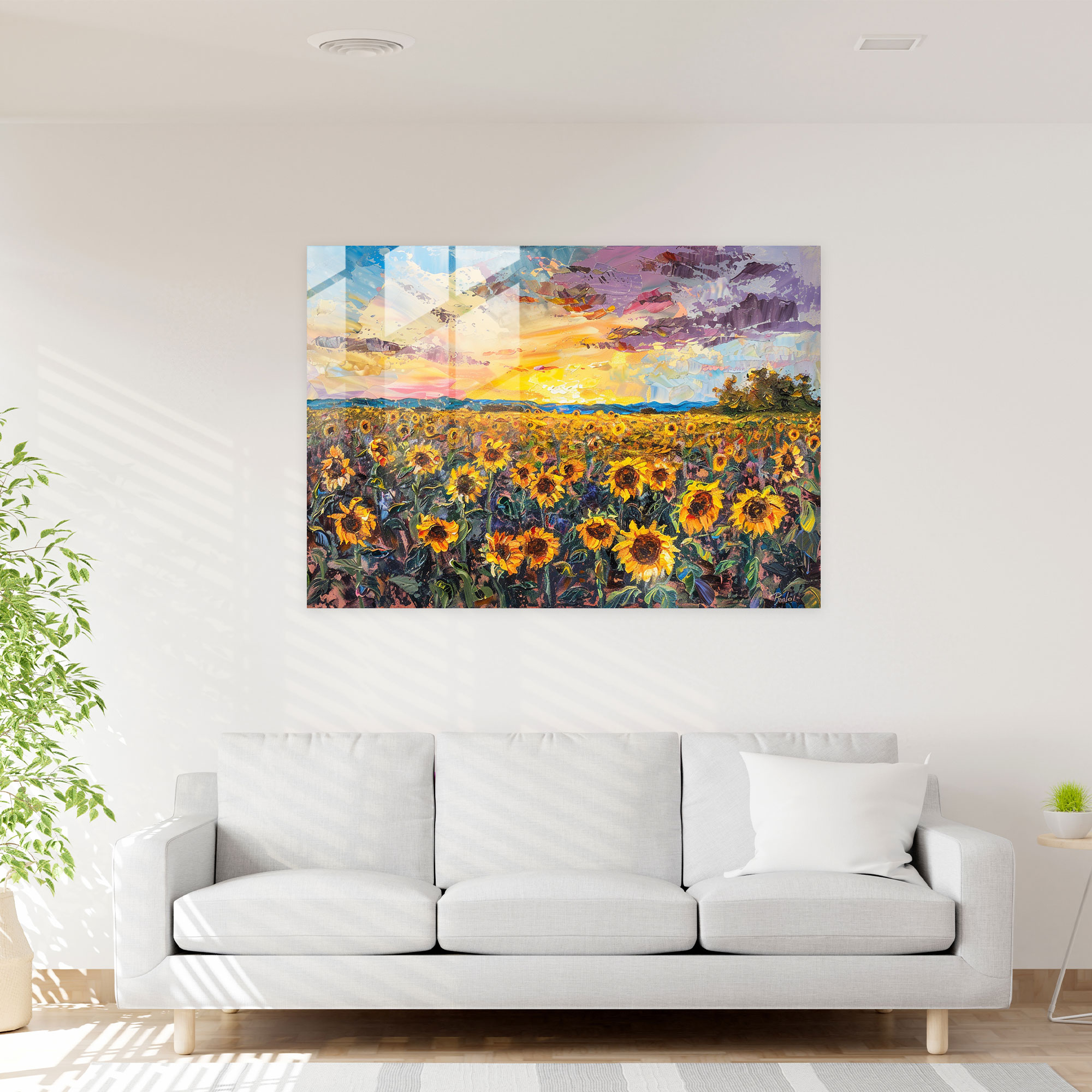 Sunflower Field At Sunset Glass Print - Impressionism, Glass Art, Modern Art, Wall Decoration
