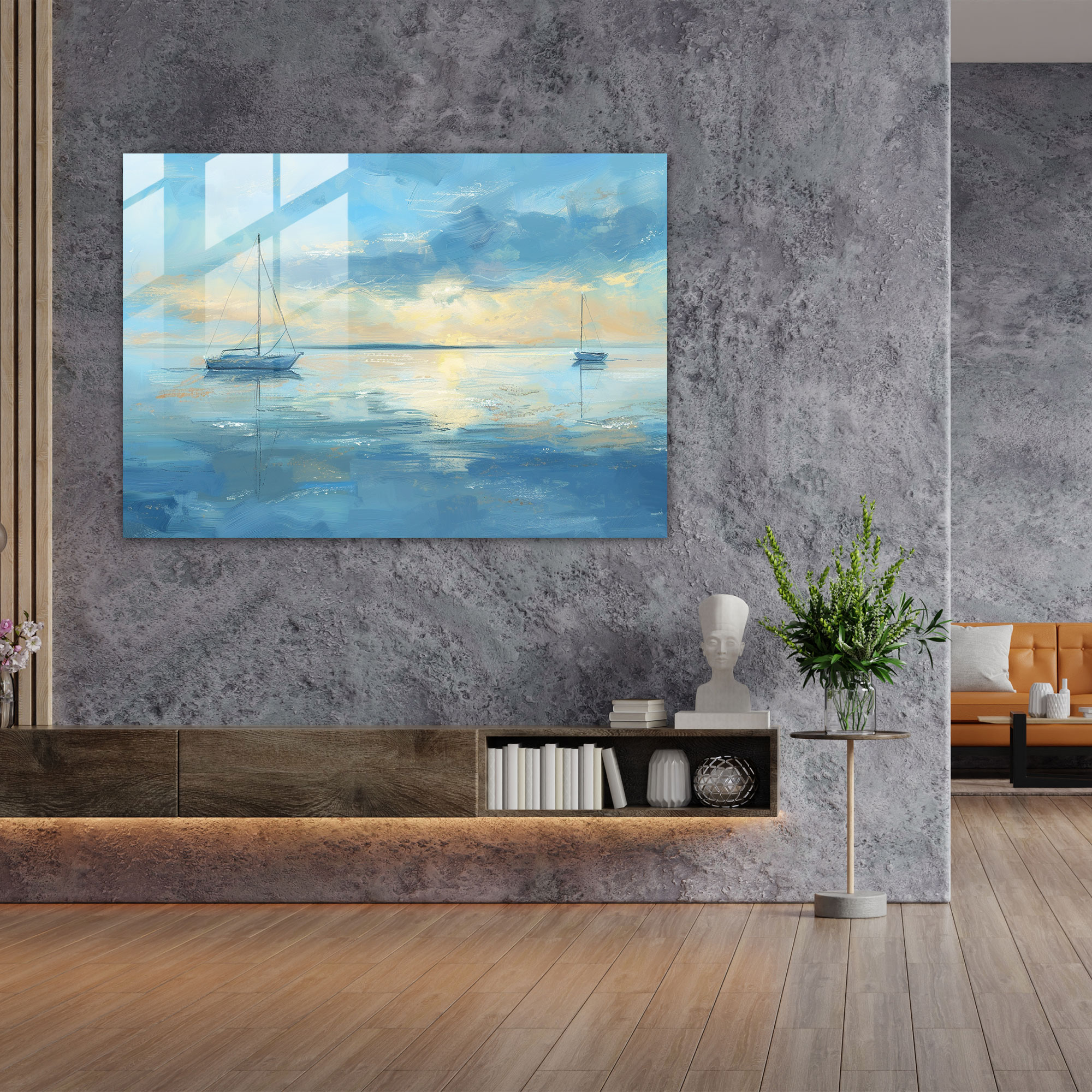 Impressionism Wall Decoration - Serene Waterfront Sailboats - Impressionism, Sailboats, Wall Decoration, Glass Wall Art