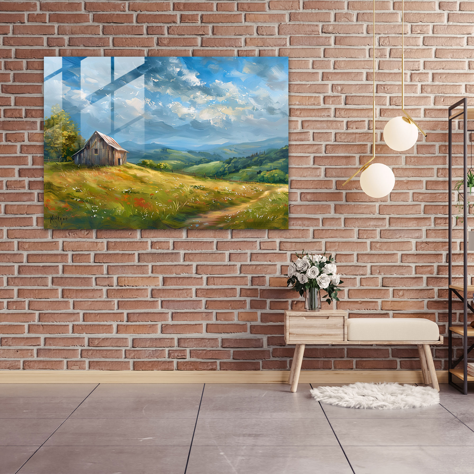 Impressionism Glass Print - Peaceful Countryside Barn - Impressionism, Home Decoration, Countryside, Impressionism