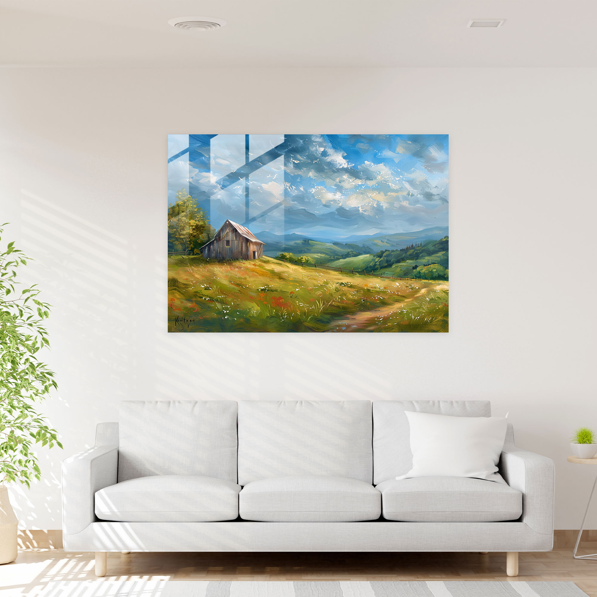 Impressionism Glass Print - Peaceful Countryside Barn - Impressionism, Home Decoration, Countryside, Impressionism