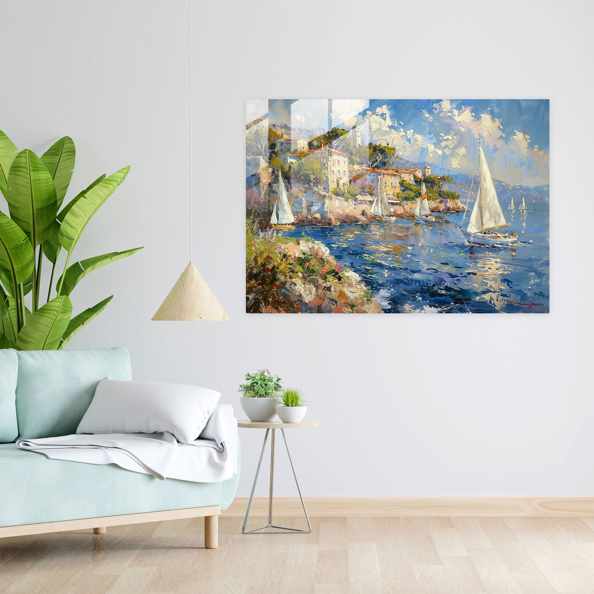 Impressionism Home Decoration - Seaside Town Sailboats - Impressionism, Coast, Seaside Town, Glass Print